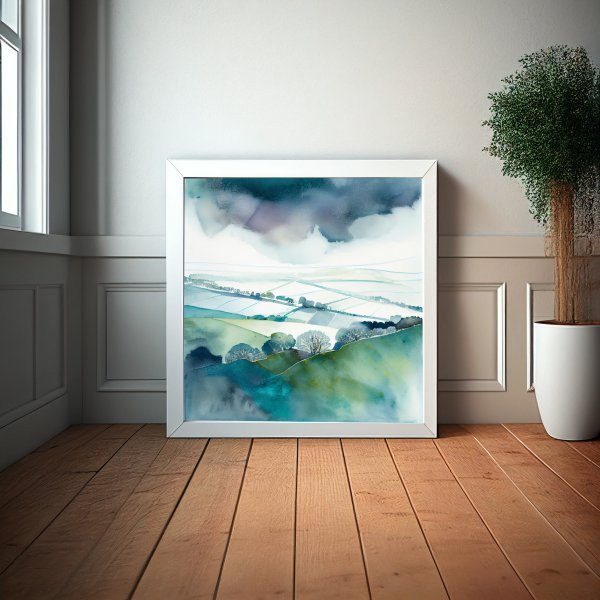 Southdowns Watercolor Landscape Green Living Room Art | Nature Wall Decor -