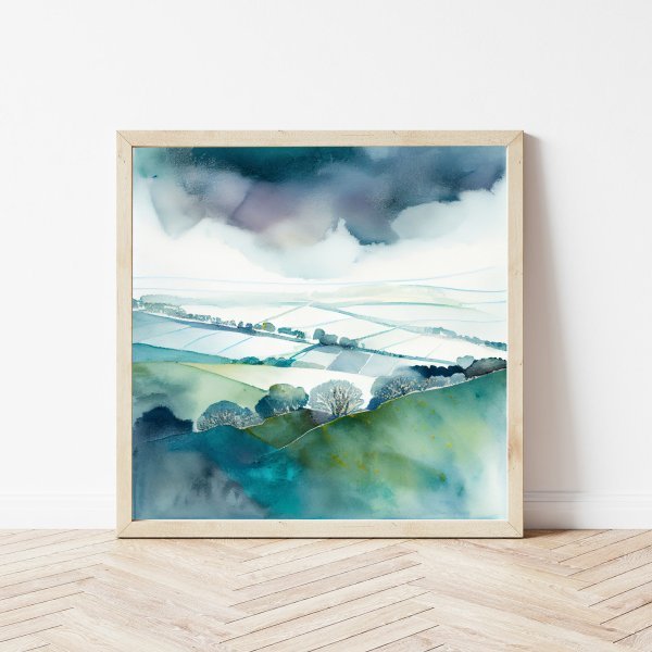 Southdowns Watercolor Landscape Green Living Room Art | Nature Wall Decor -