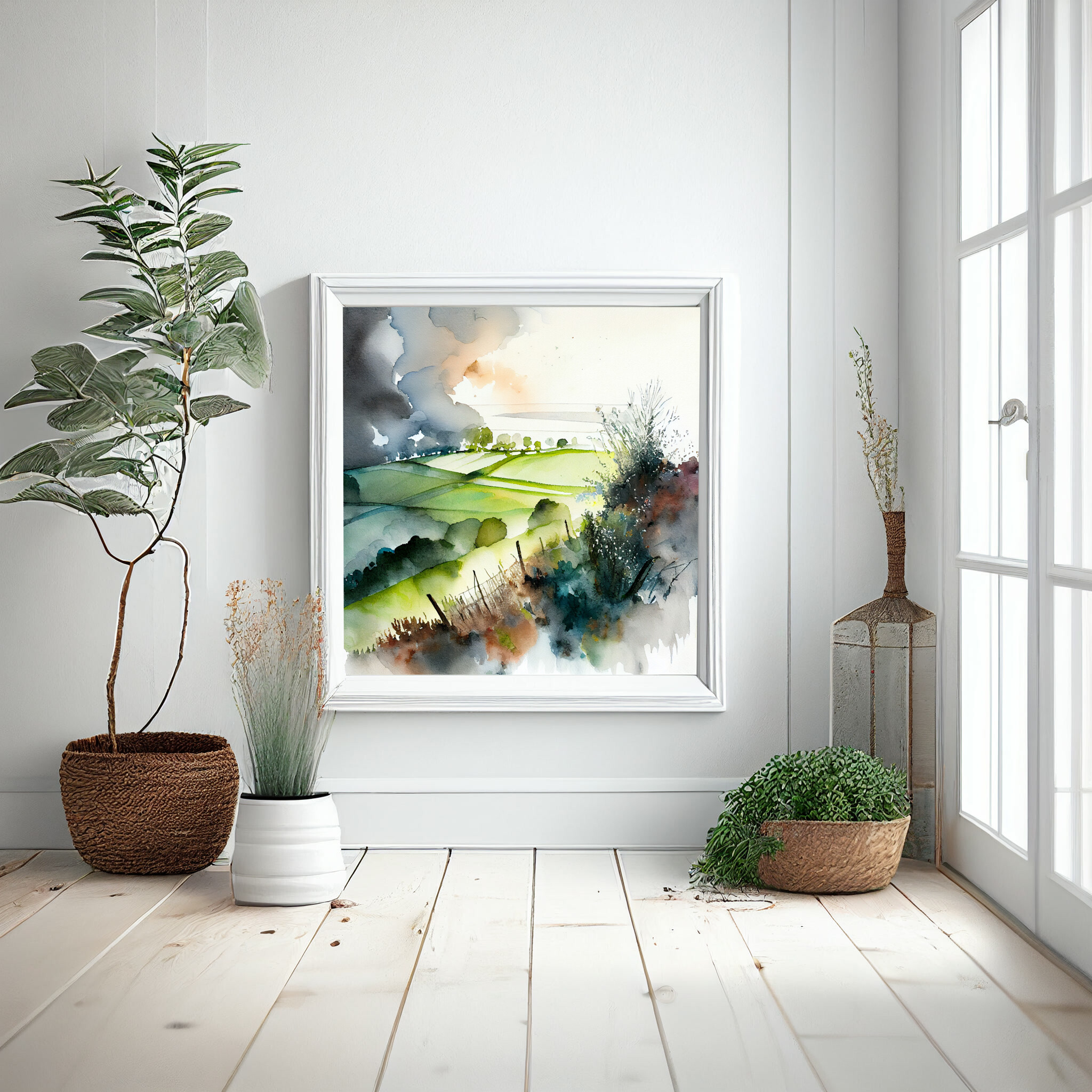 Southdowns Watercolour Green Art Living Room Wall Art | Abstract Landscape Home Decor -