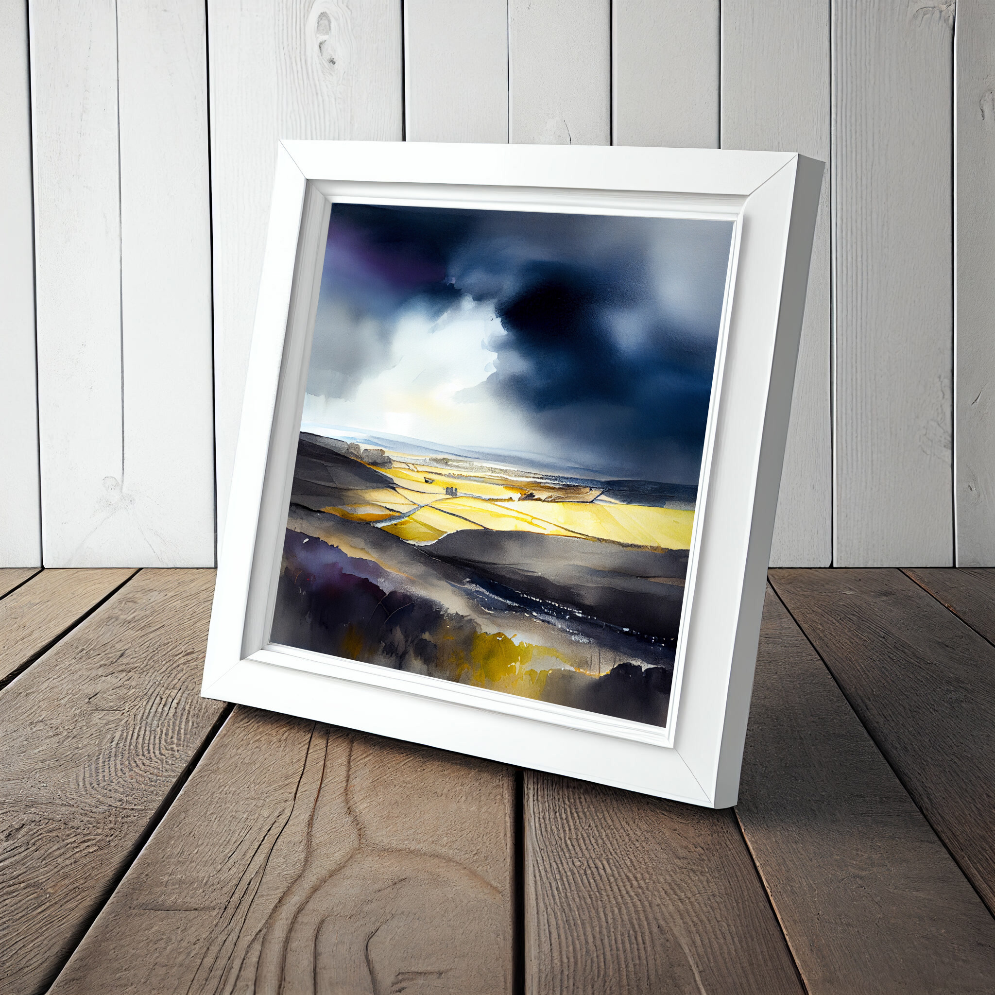 Cotswolds Watercolor Landscape Blue Hues Living Room Art | Golden Fields Home Decor -