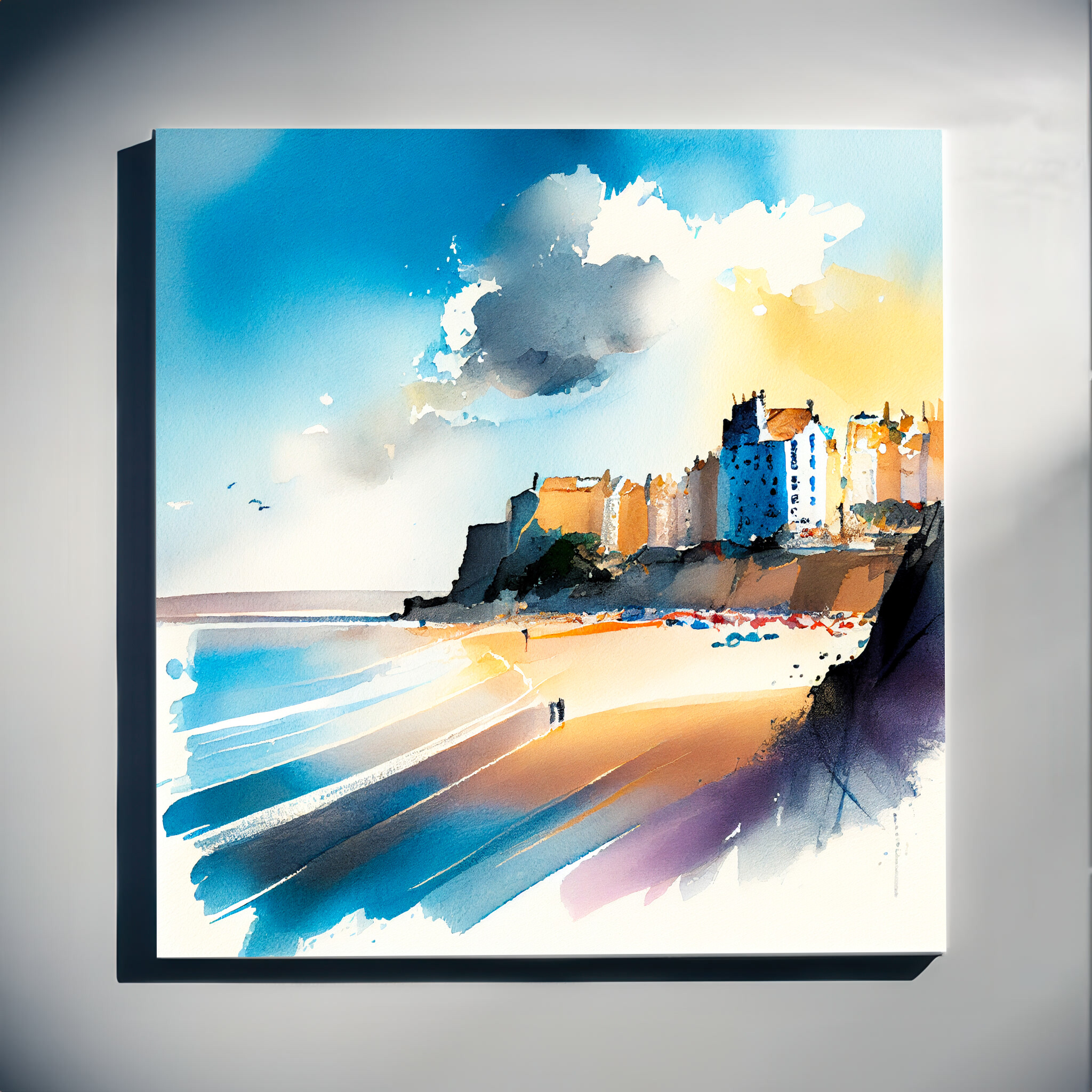 Tenby Coastal Watercolor Blue Art | Living Room Wall Art Canvas Print - C