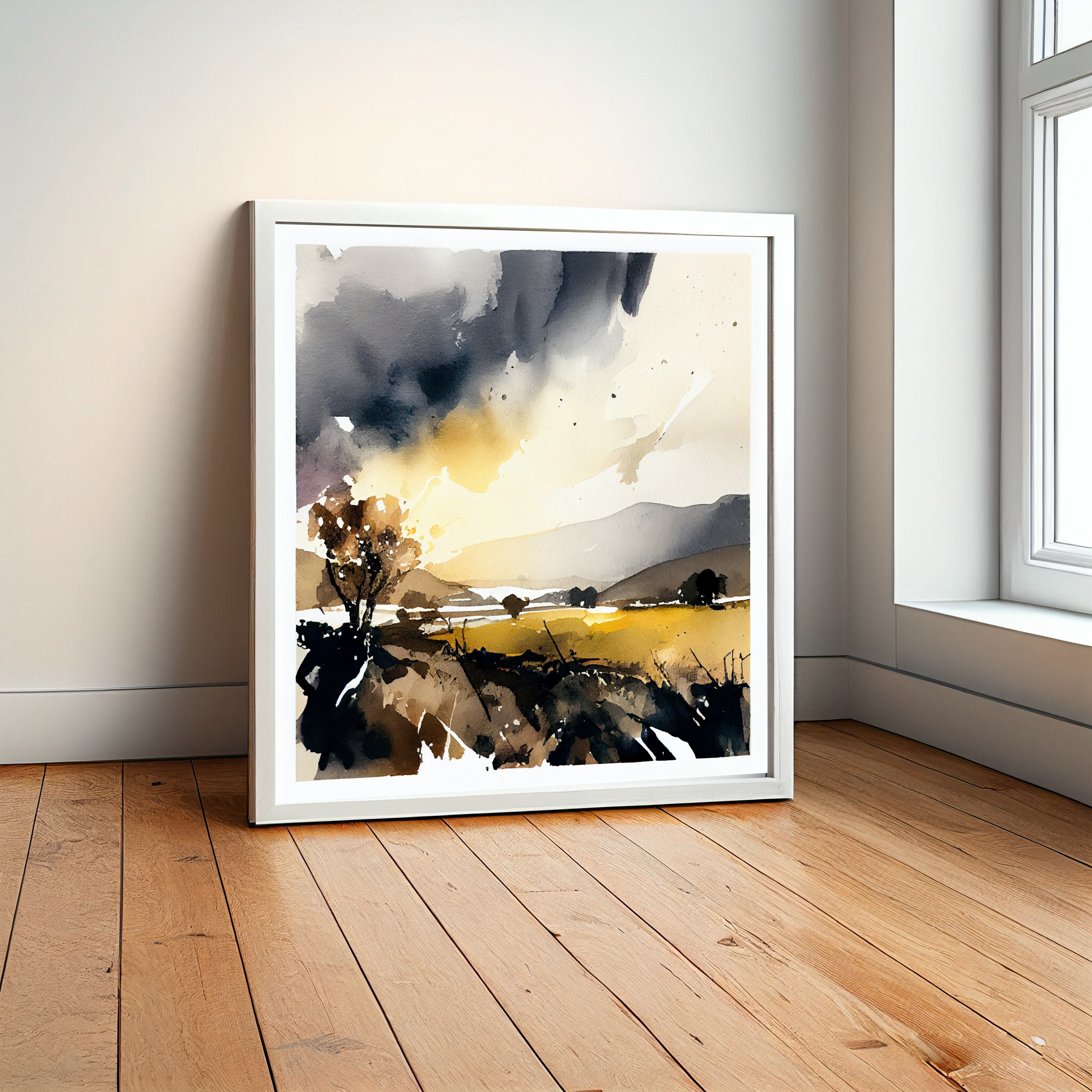 Ribble Valley Watercolor Landscape Earth Tones Living Room Wall Art | Nature Home Decor -