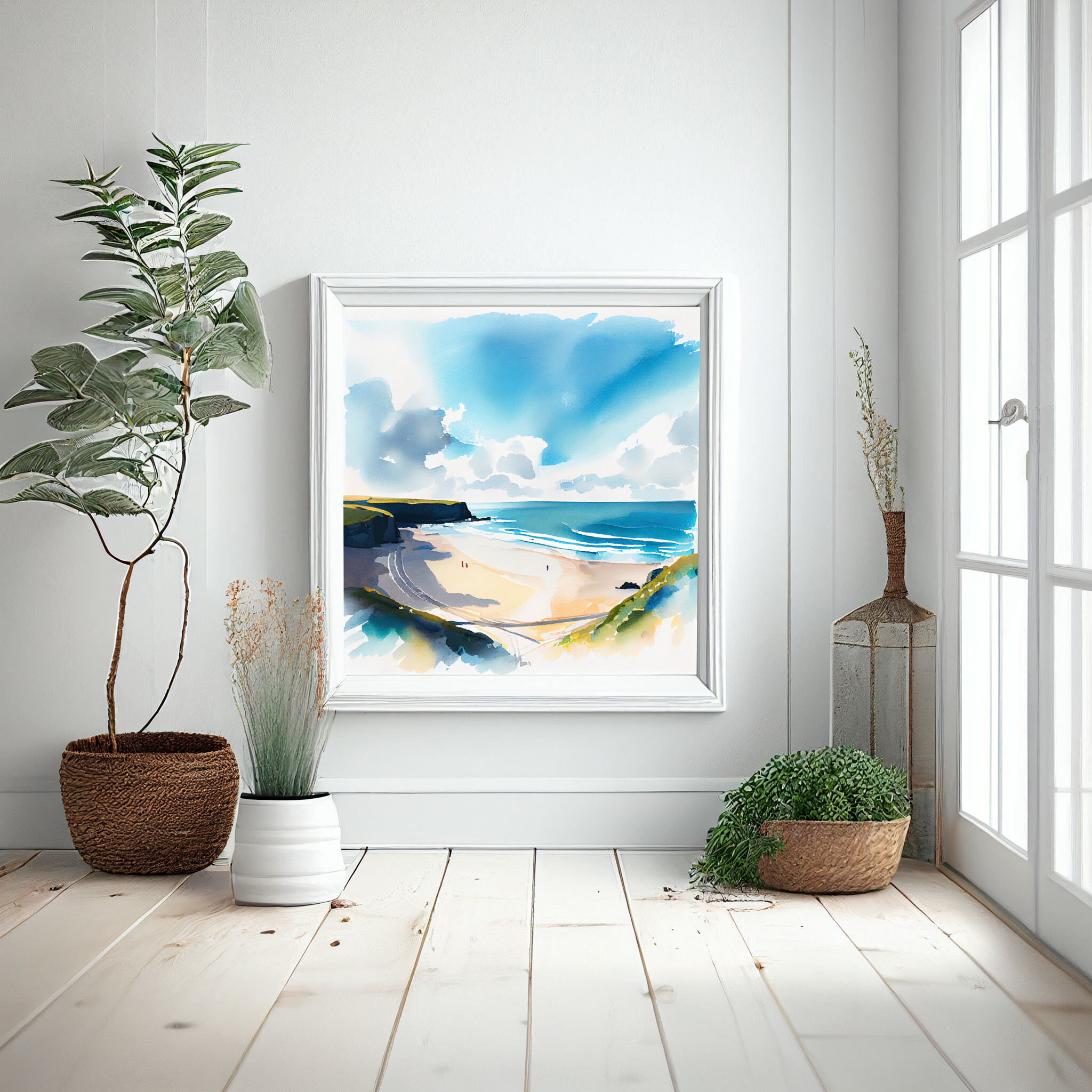 Watergate Bay Seascape Watercolor Blue Tones Coastal Wall Art | Beach Decor -