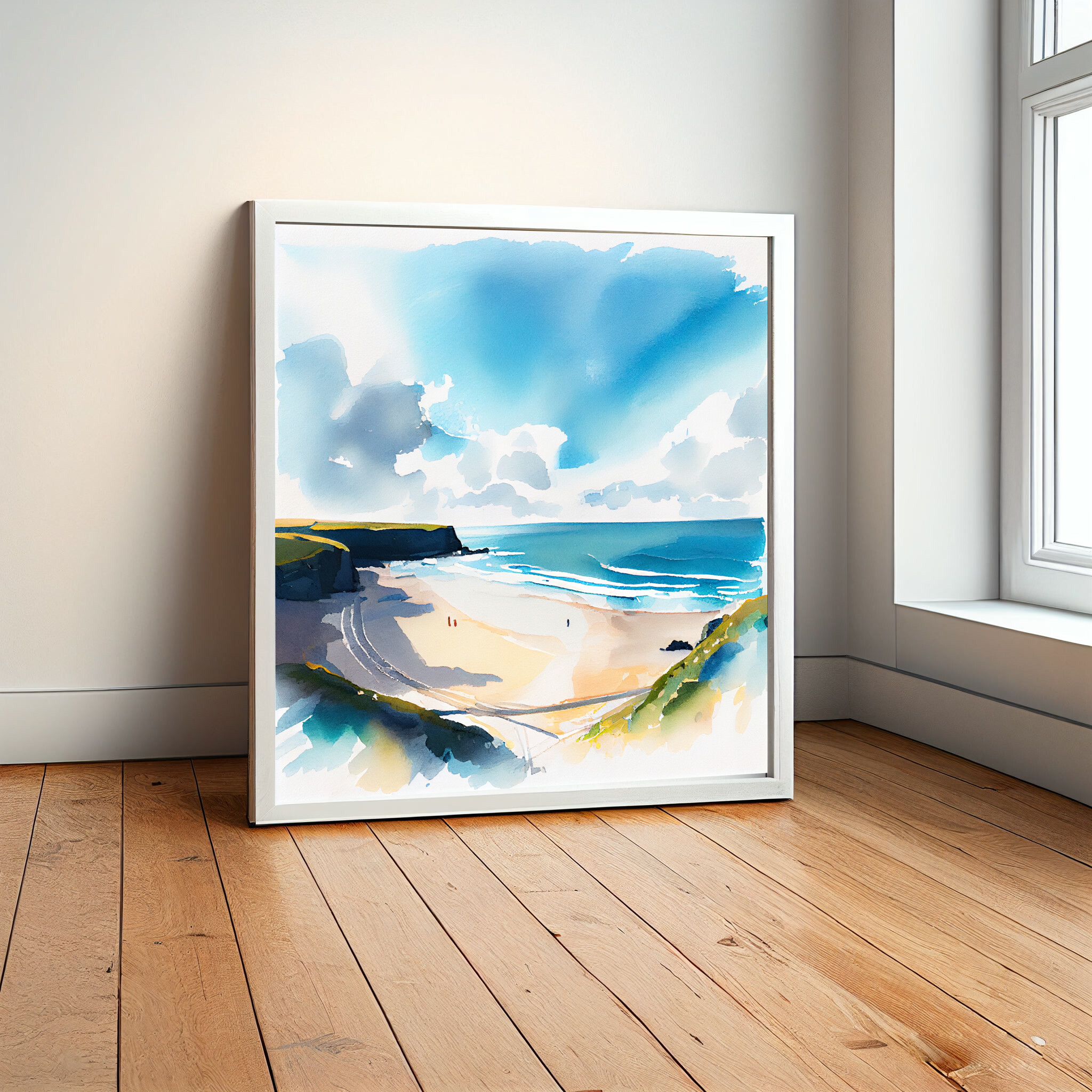 Watergate Bay Seascape Watercolor Blue Tones Coastal Wall Art | Beach Decor -