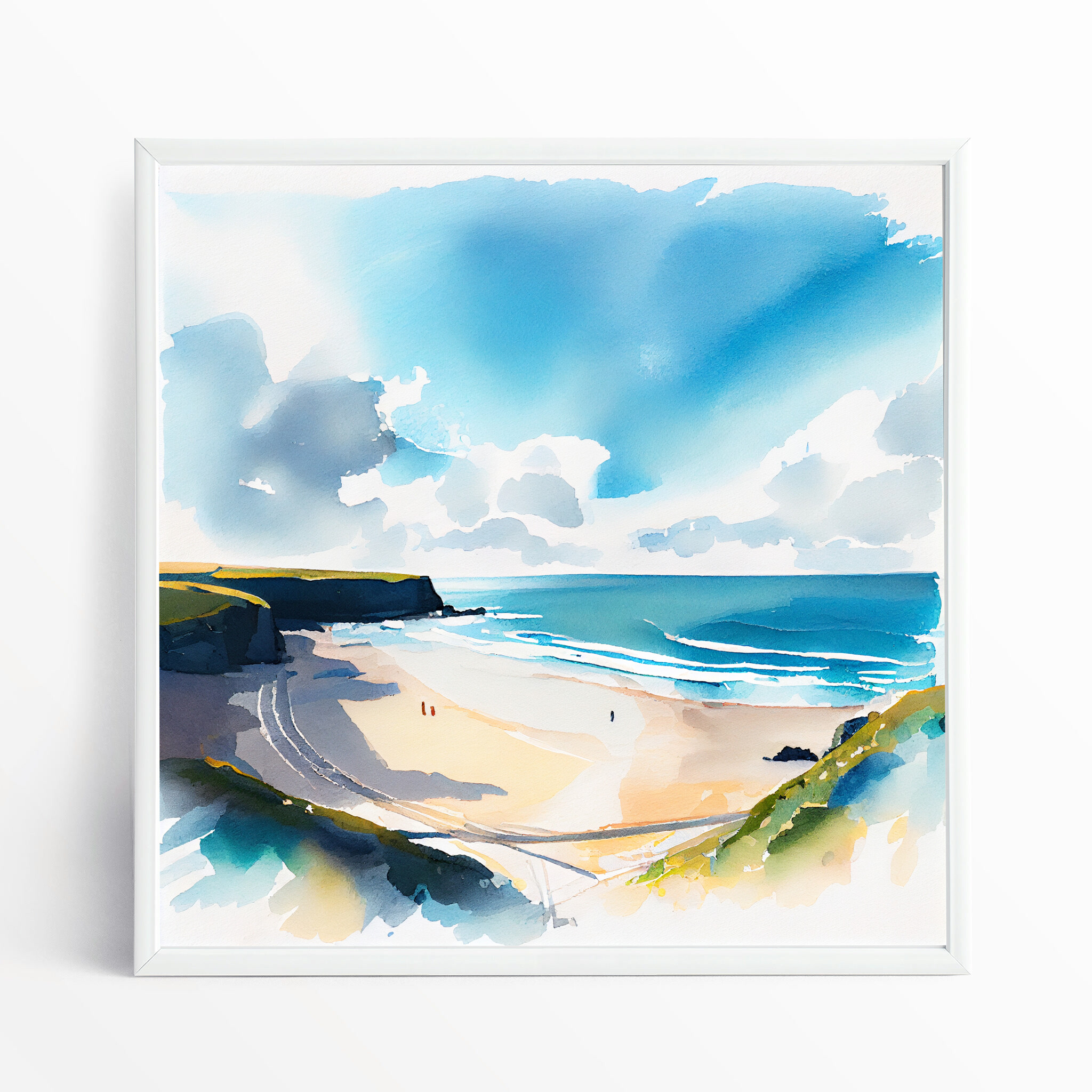 Watergate Bay Seascape Watercolor Blue Tones Coastal Wall Art | Beach Decor