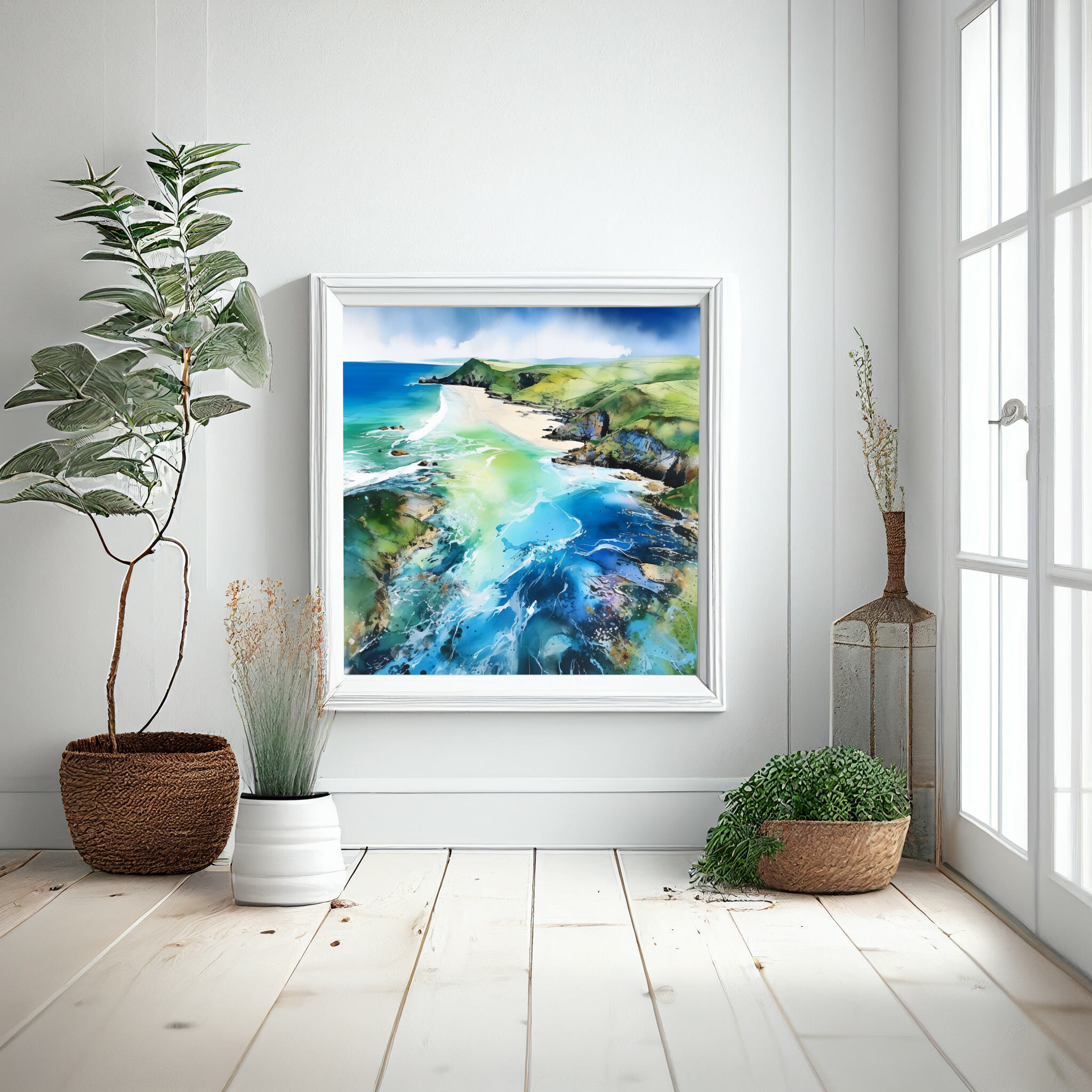 Pembrokeshire Coast Abstract Blue Living Room Wall Art | Modern Ocean Home Decor -