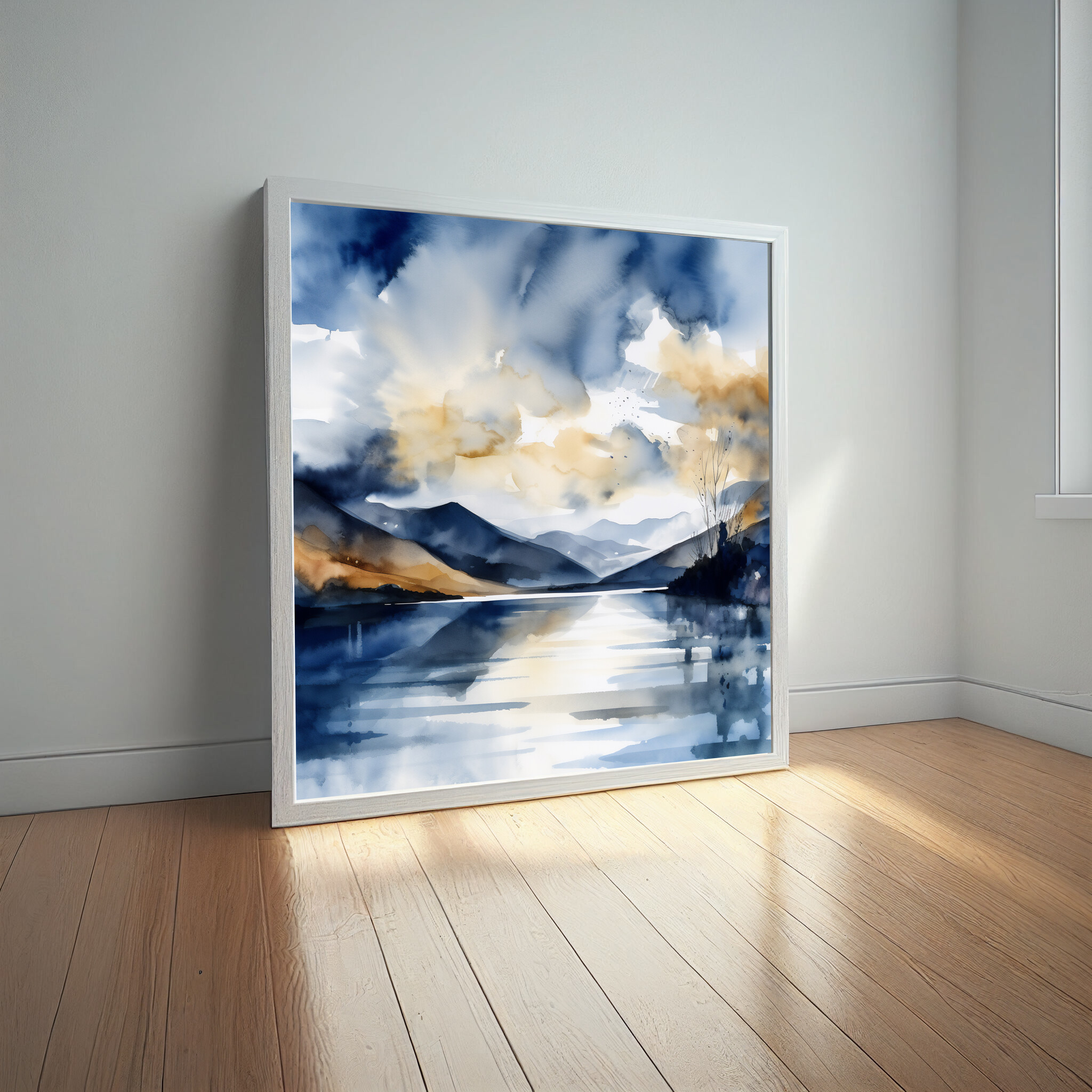 Lake District Watercolor Landscape Blue Living Room Wall Art | Impressionist Home Decor -