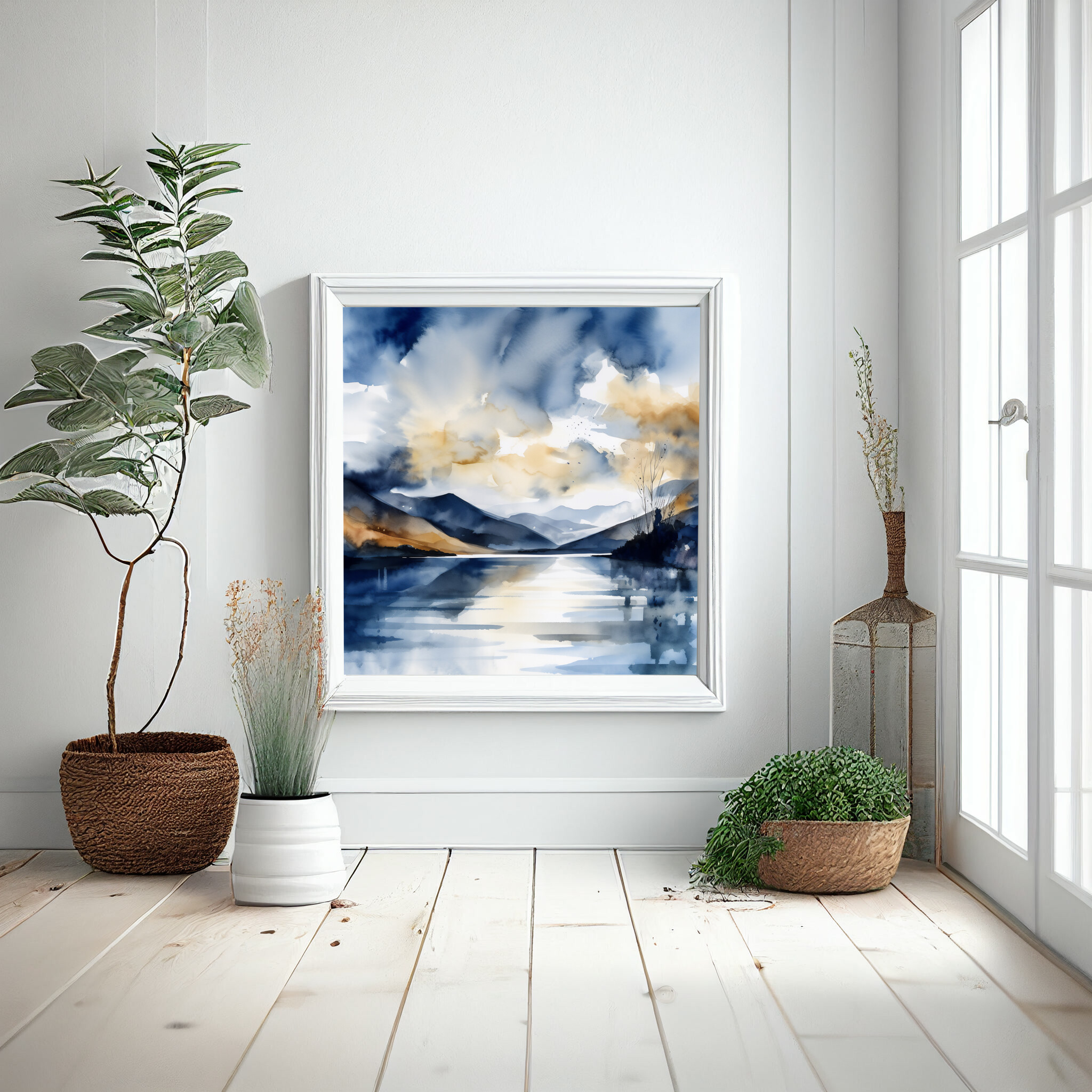 Lake District Watercolor Landscape Blue Living Room Wall Art | Impressionist Home Decor -