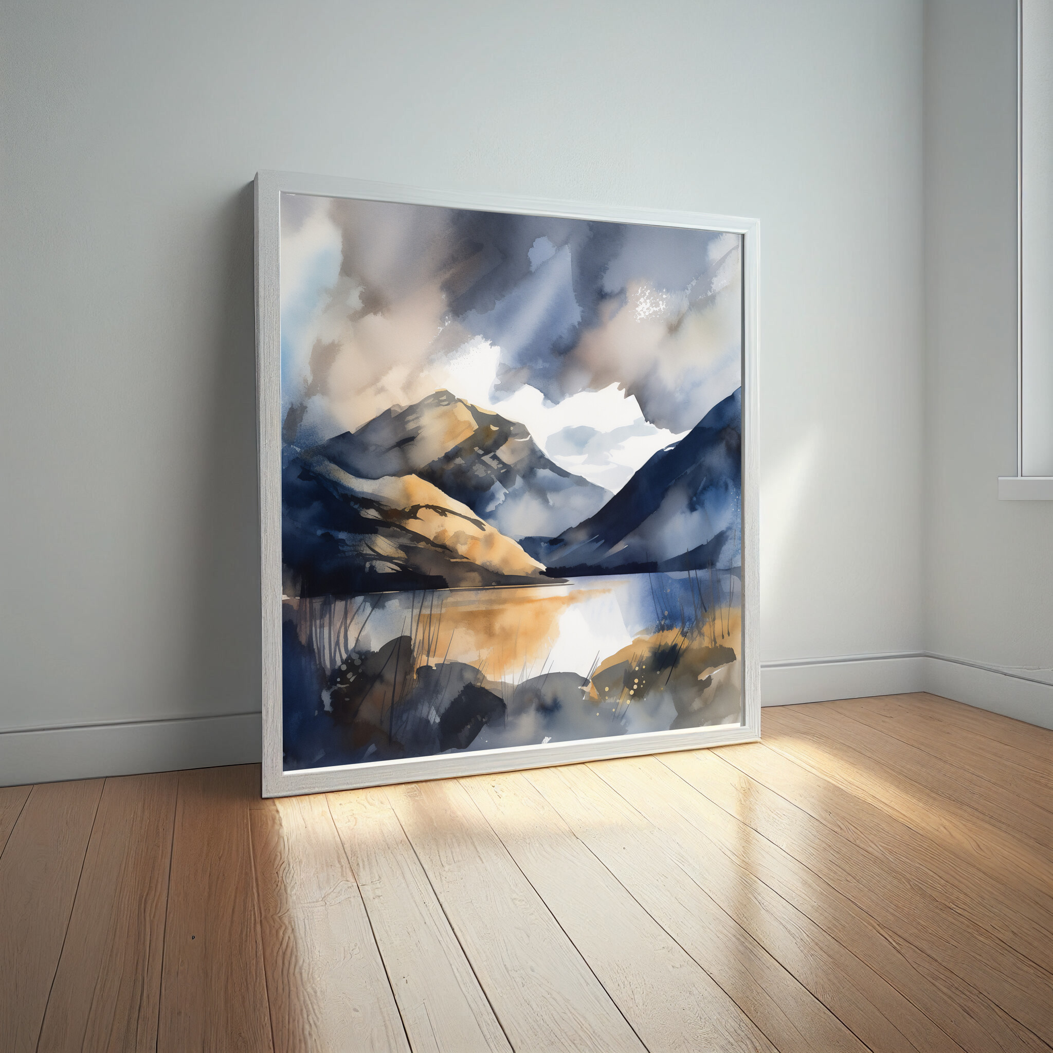 Lake District Abstract Blue Earth Tones Bedroom Wall Art | Modern Landscape Home Decor -
