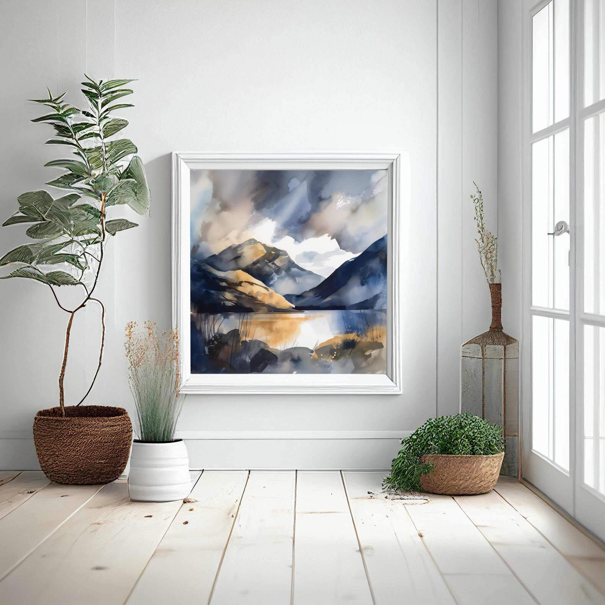 Lake District Abstract Blue Earth Tones Bedroom Wall Art | Modern Landscape Home Decor -
