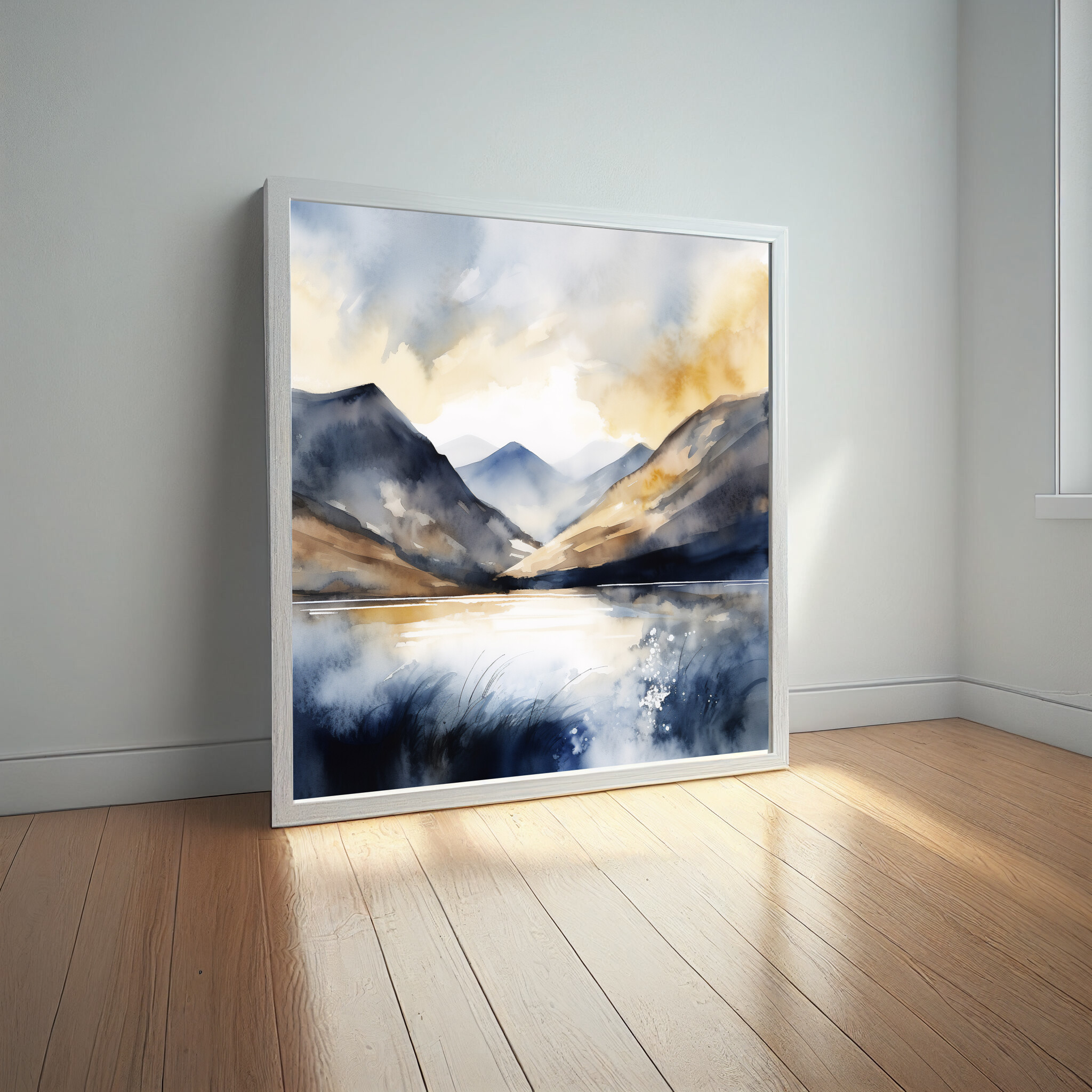 Ennerdale Watercolor Landscape Blue Tones Living Room Wall Art | Tranquil Home Decor -