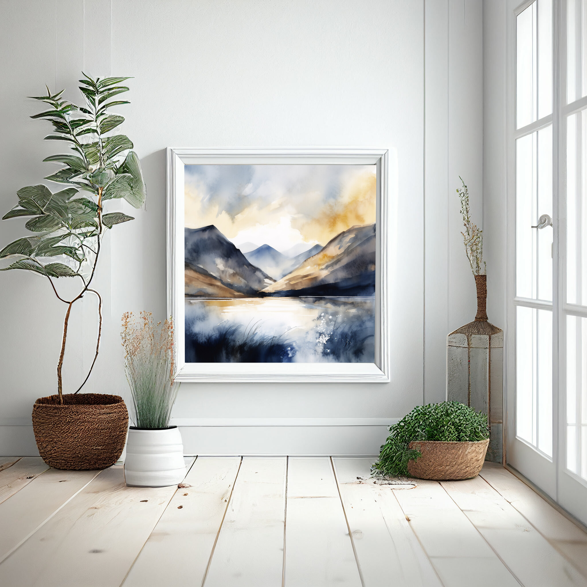 Ennerdale Watercolor Landscape Blue Tones Living Room Wall Art | Tranquil Home Decor -