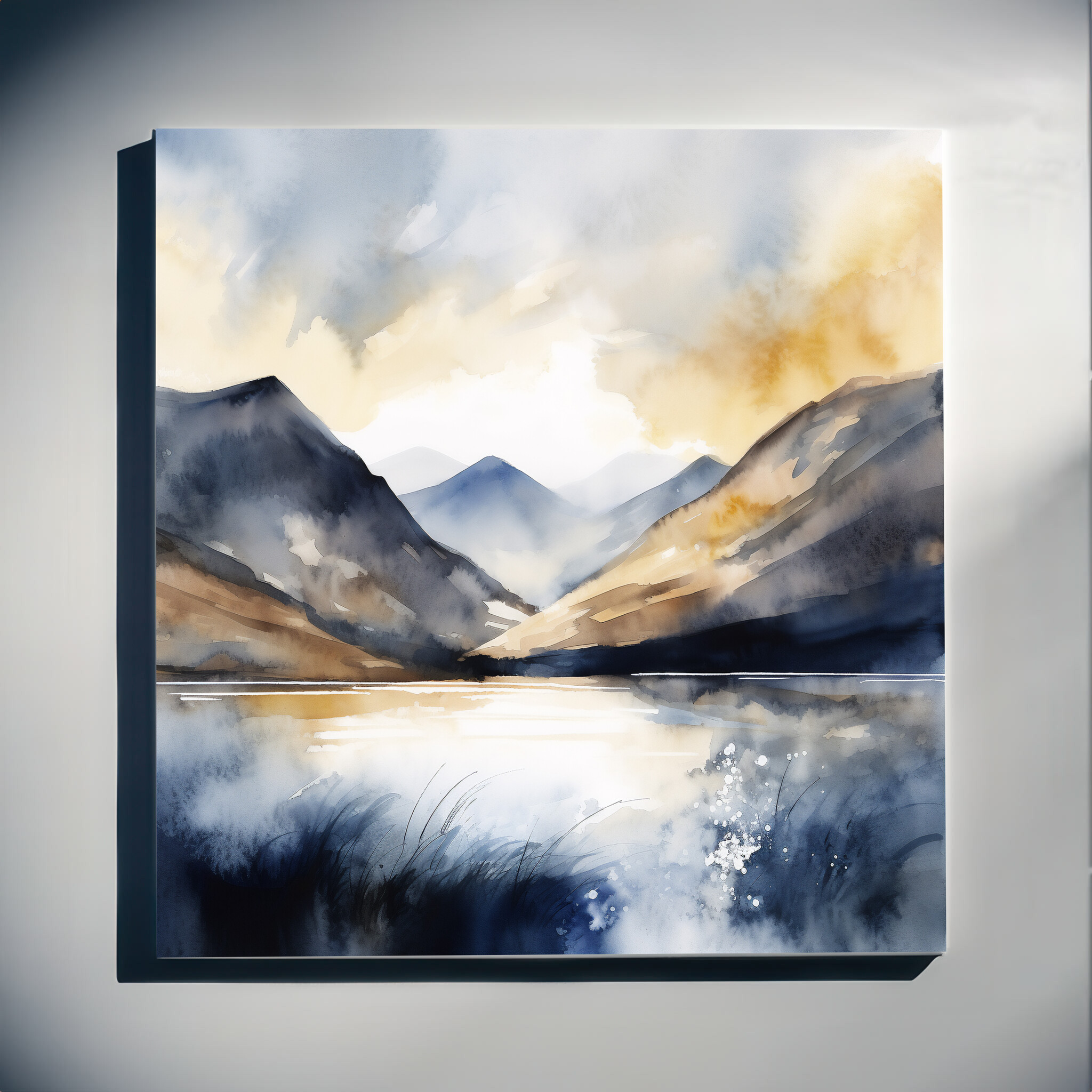 Ennerdale Watercolor Landscape Blue Tones Living Room Wall Art | Tranquil Home Decor - C