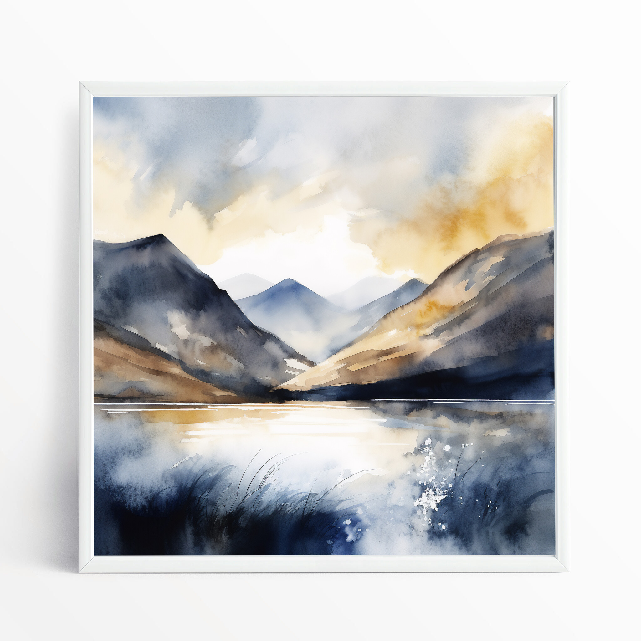 Ennerdale Watercolor Landscape Blue Tones Living Room Wall Art | Tranquil Home Decor - WFP