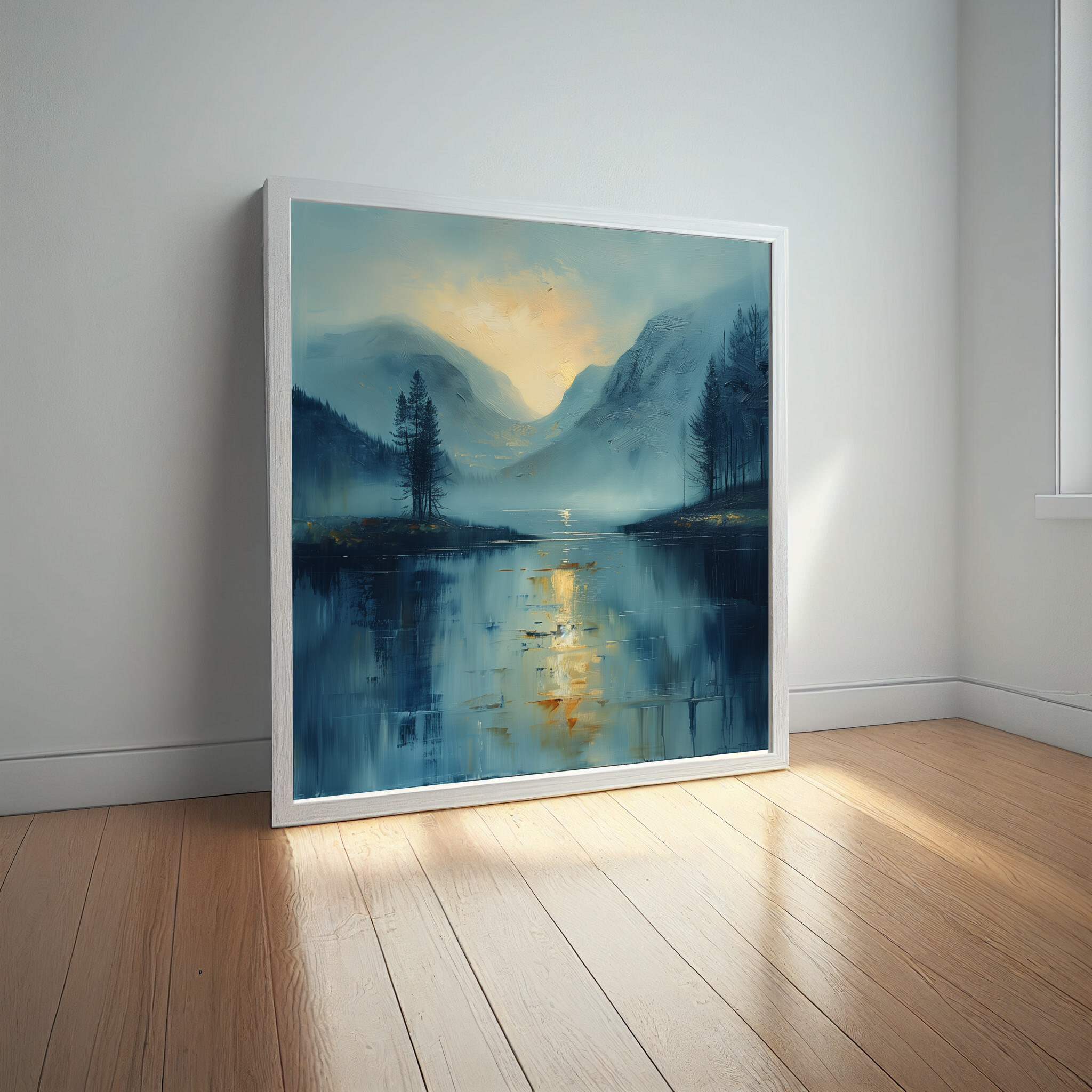 Lake District Impressionist Blue Living Room Wall Art | Gold Accents Canvas Print -
