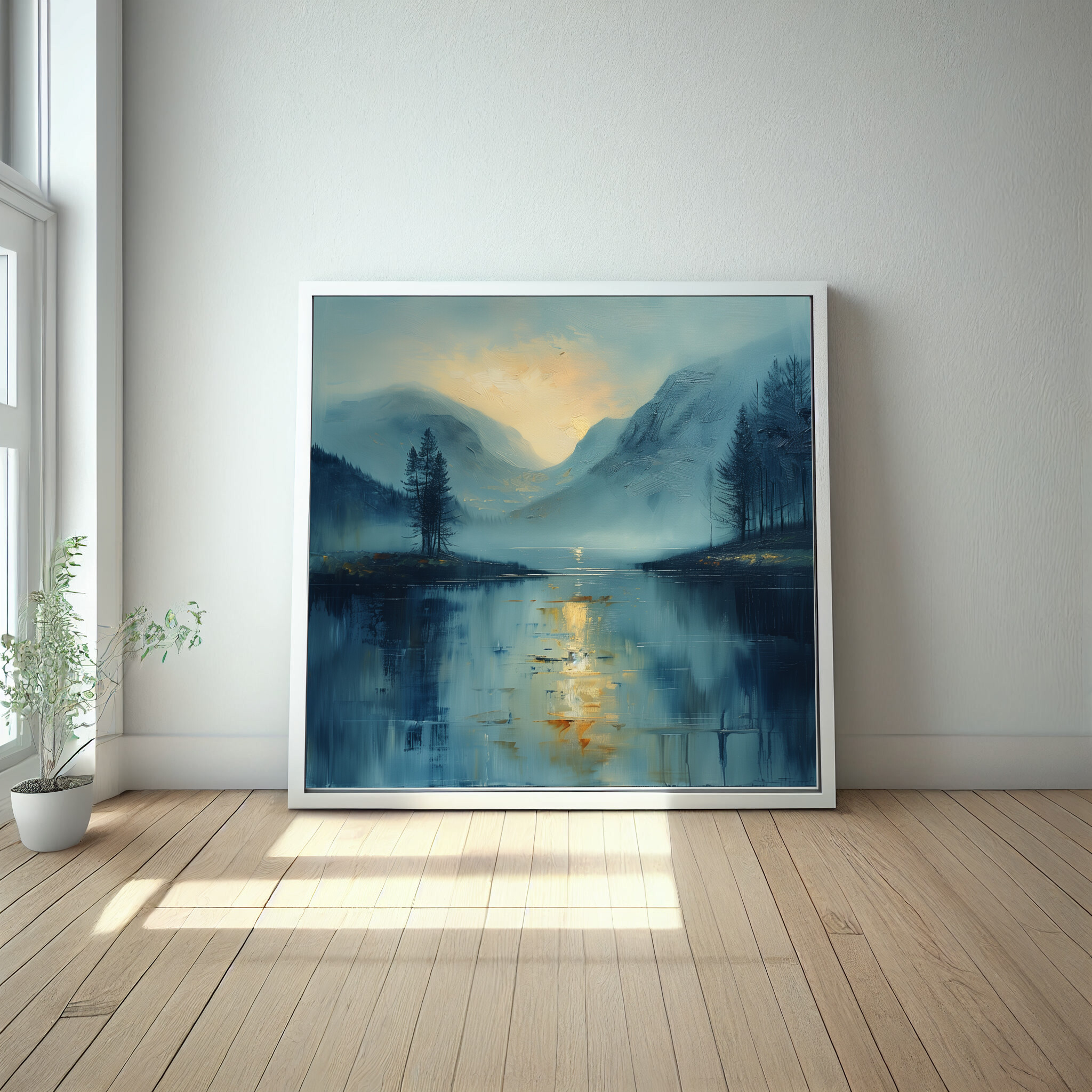 Lake District Impressionist Blue Living Room Wall Art | Gold Accents Canvas Print -
