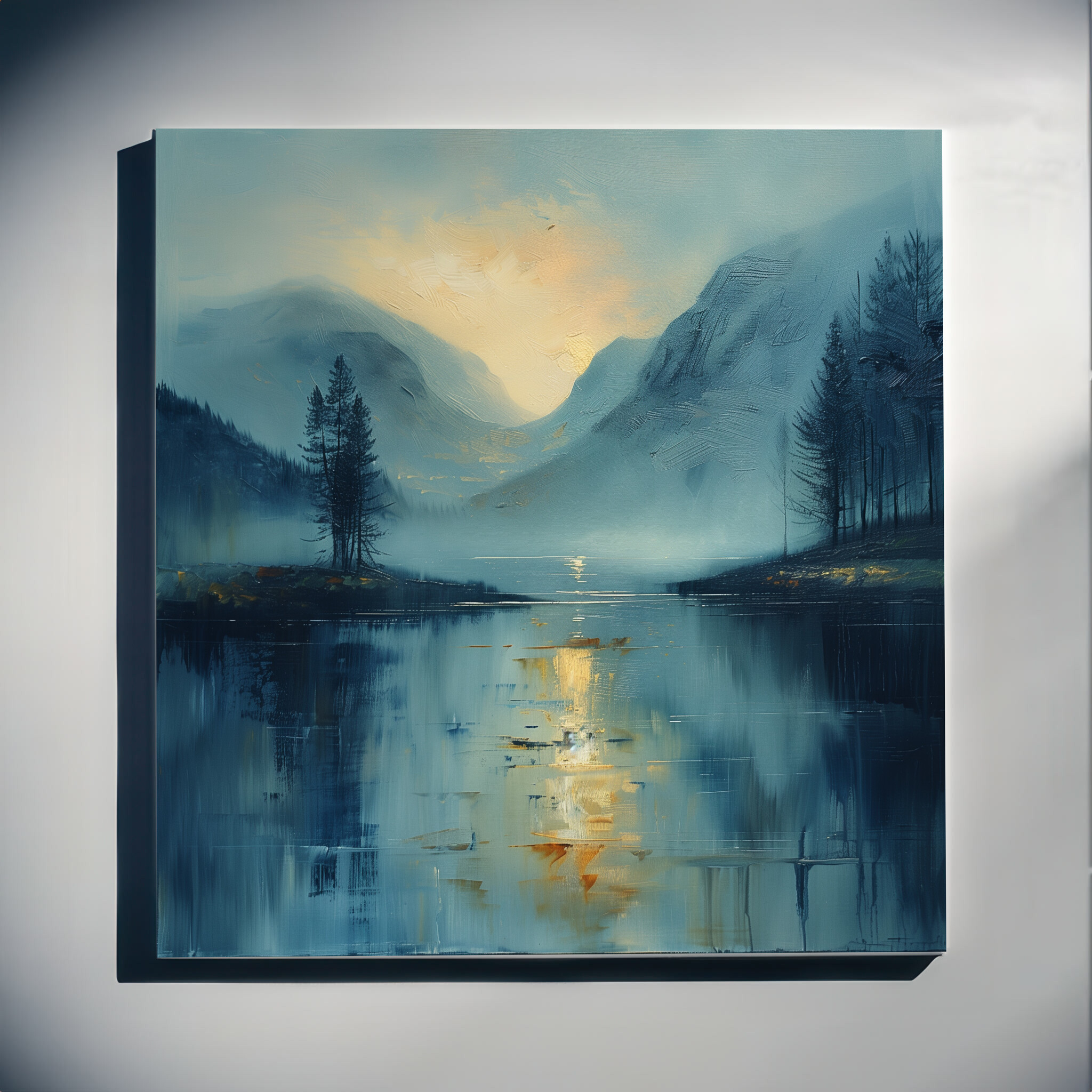 Lake District Impressionist Blue Living Room Wall Art | Gold Accents Canvas Print - C