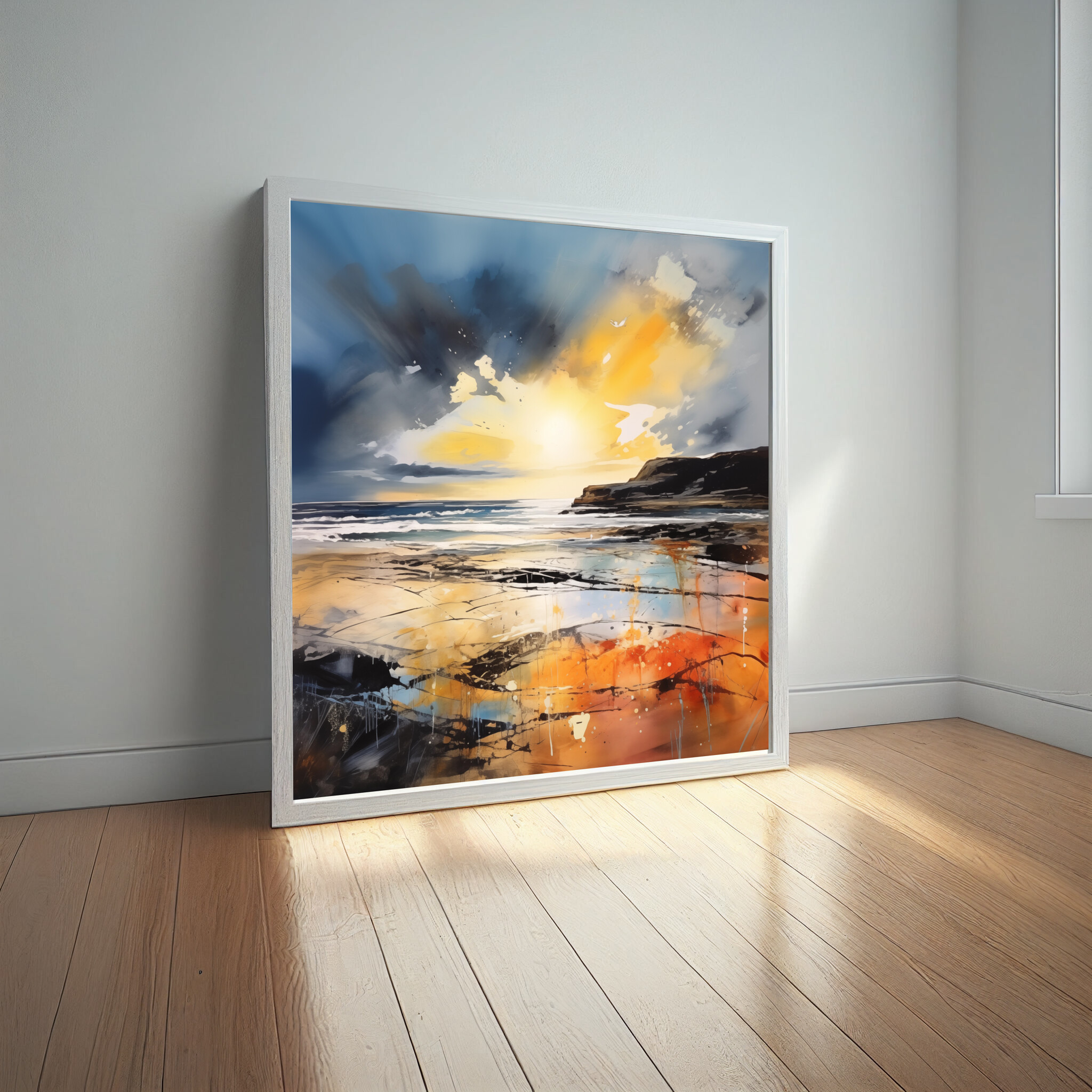 Cornwall Abstract Sunset Blue Warm Living Room Wall Art | Coastal Home Decor -