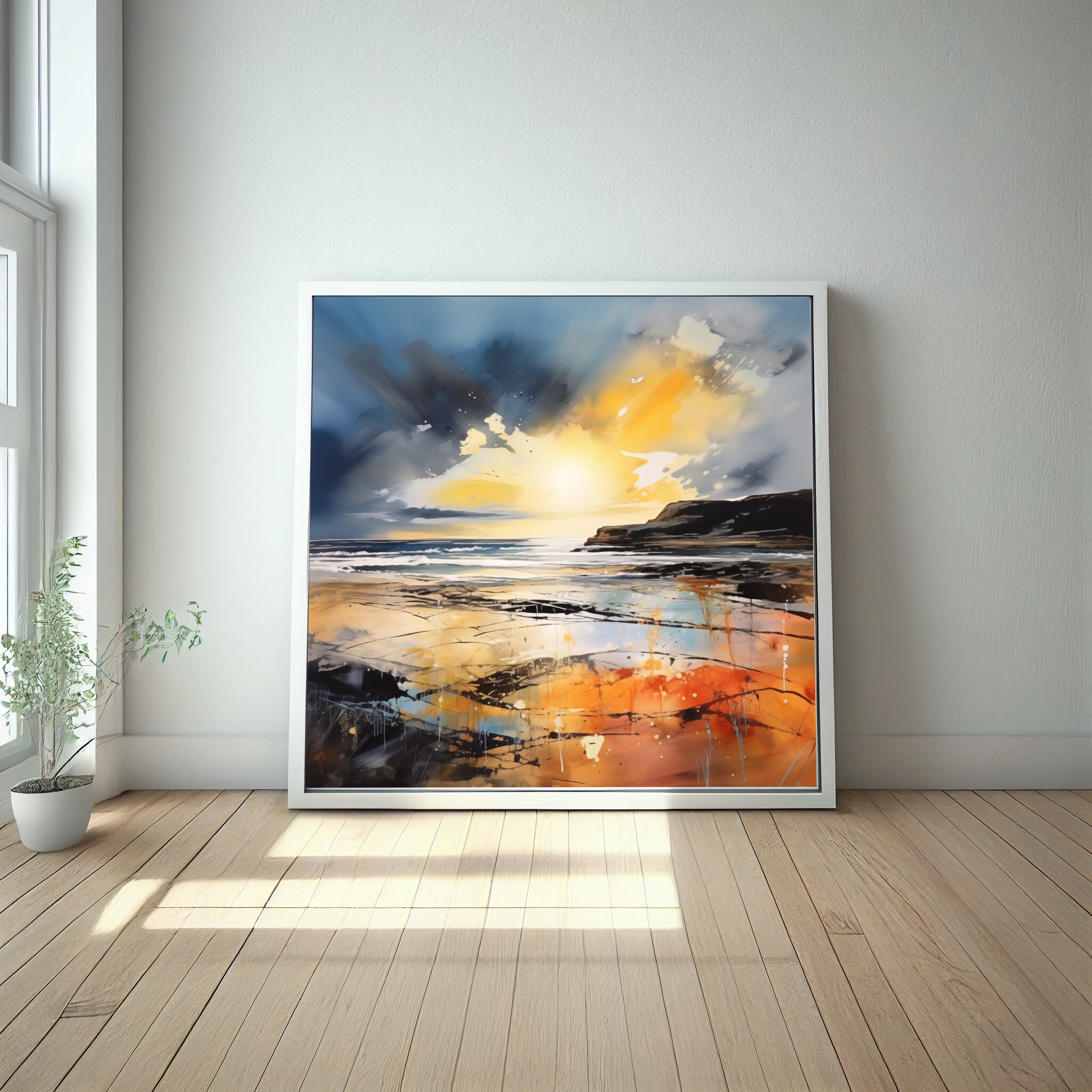 Cornwall Abstract Sunset Blue Warm Living Room Wall Art | Coastal Home Decor -
