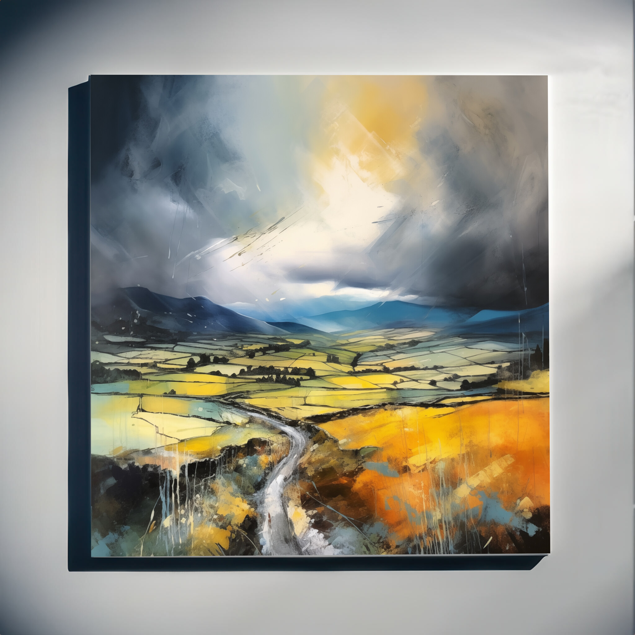 Yorkshire Dales Impressionist Landscape Living Room Wall Art | Grey Tones Decor - C