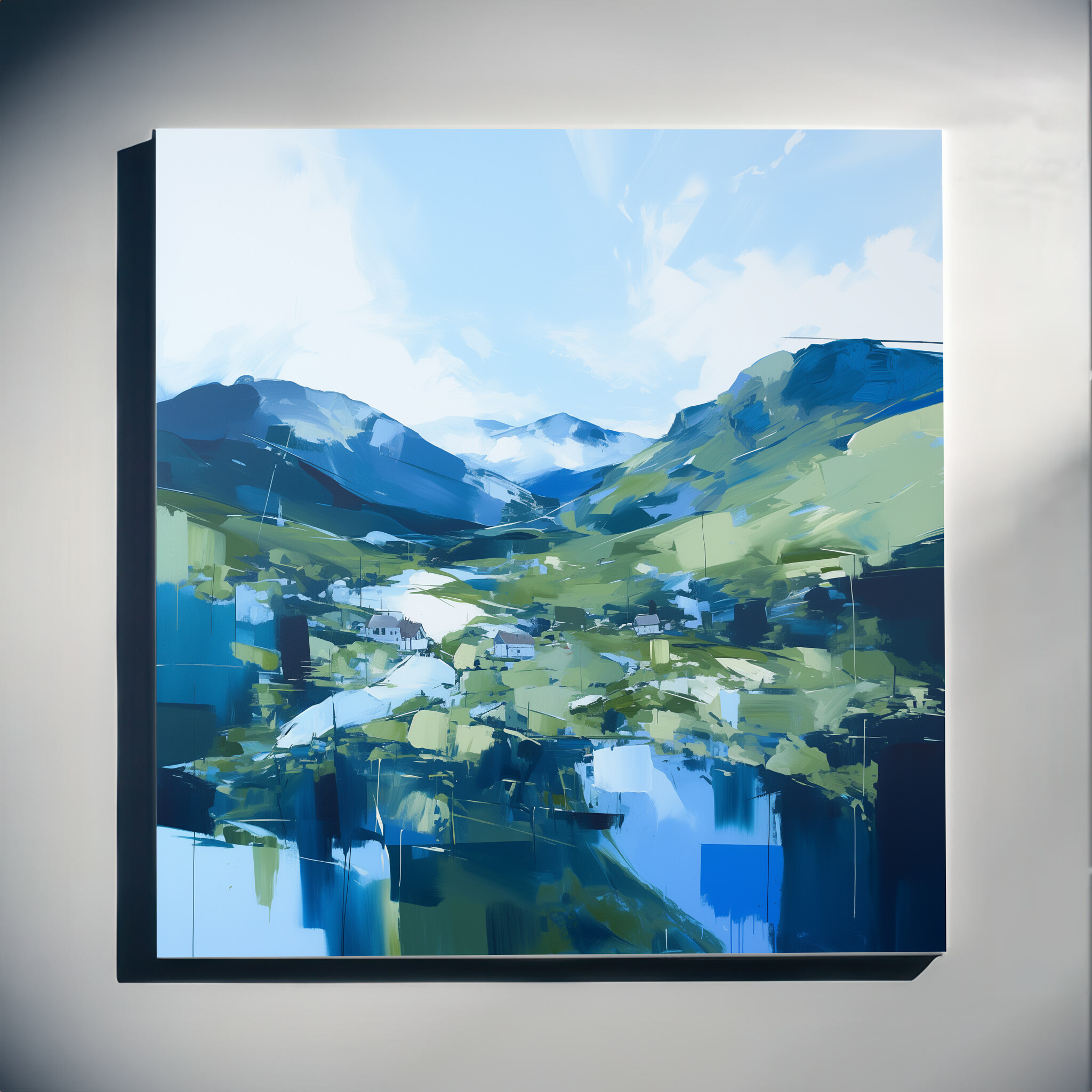 Lake District Abstract Blue Green Living Room Wall Art | Modern Landscape Home Decor - C