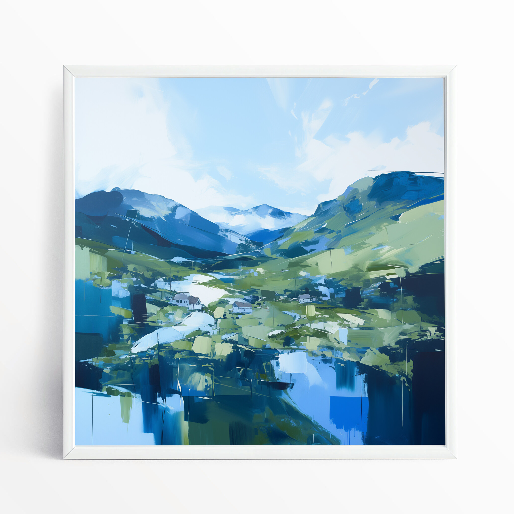 Lake District Abstract Blue Green Living Room Wall Art | Modern Landscape Home Decor - WFP