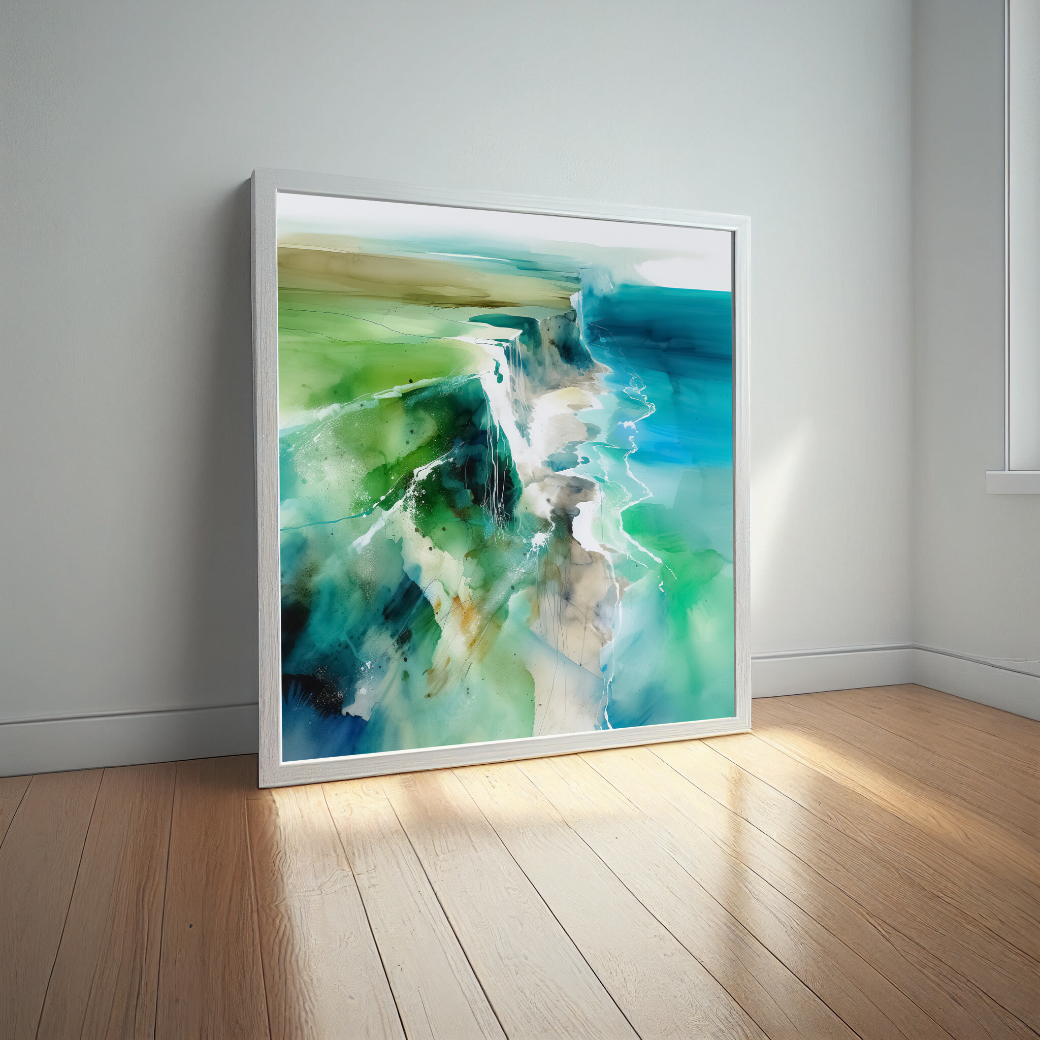Birling Gap Abstract Coastal Art Blue Green Living Room Wall Art | Contemporary Canvas Decor -