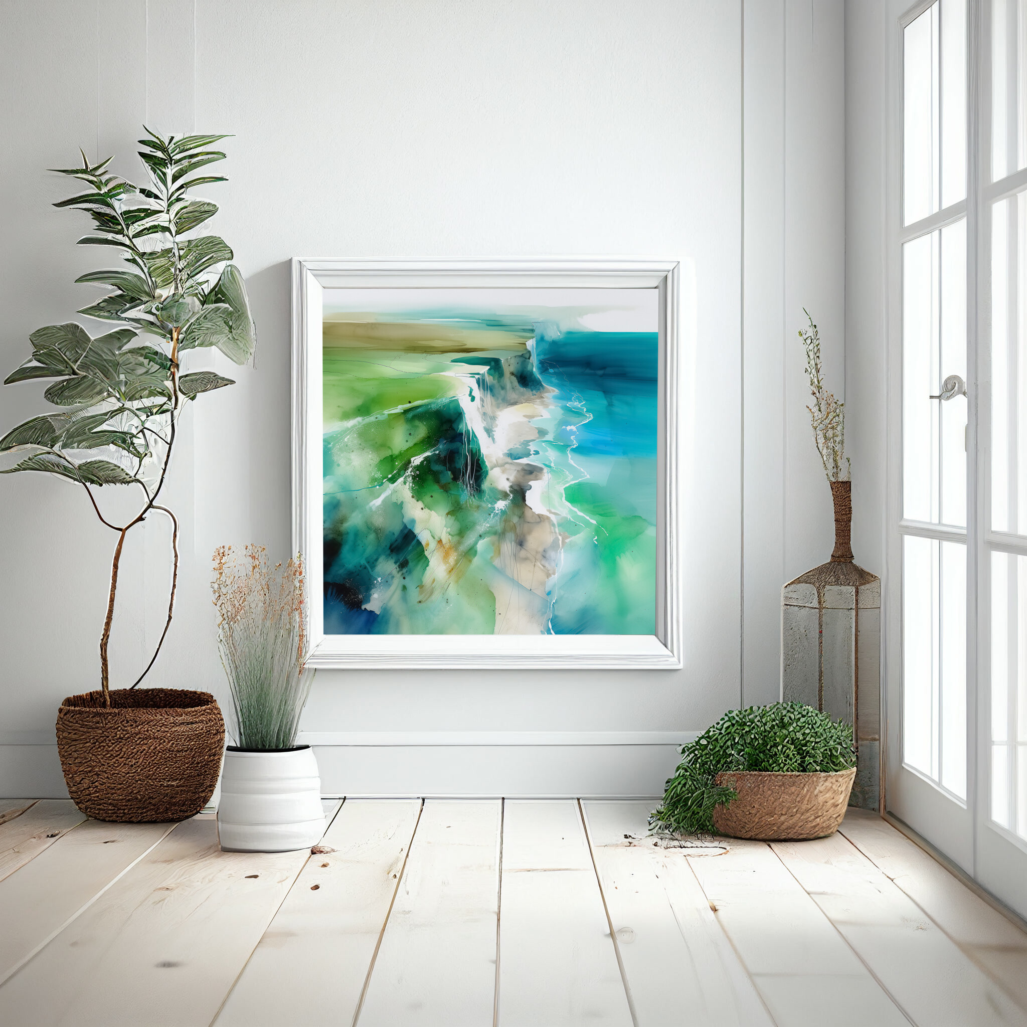 Birling Gap Abstract Coastal Art Blue Green Living Room Wall Art | Contemporary Canvas Decor -