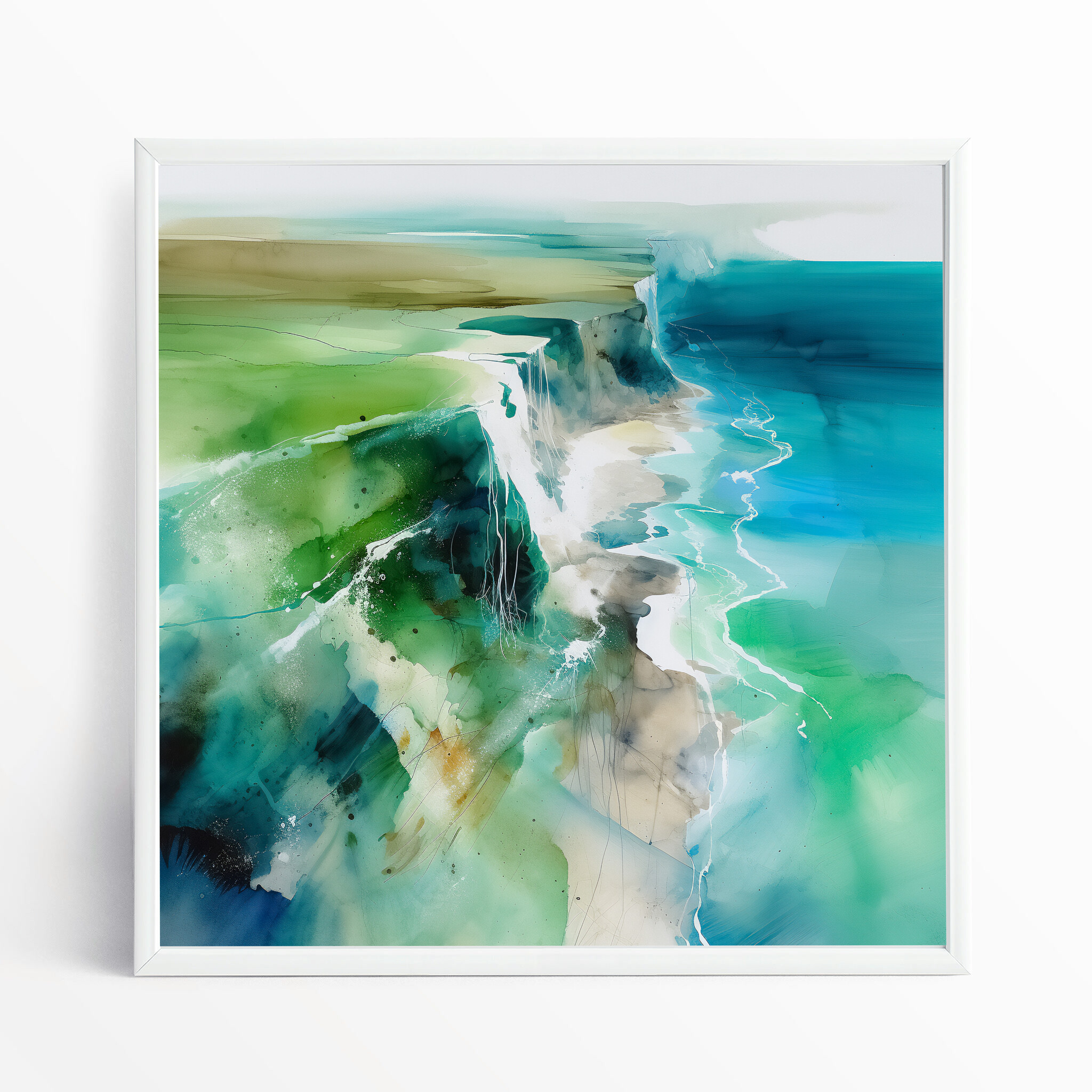 Birling Gap Abstract Coastal Art Blue Green Living Room Wall Art | Contemporary Canvas Decor - WFP
