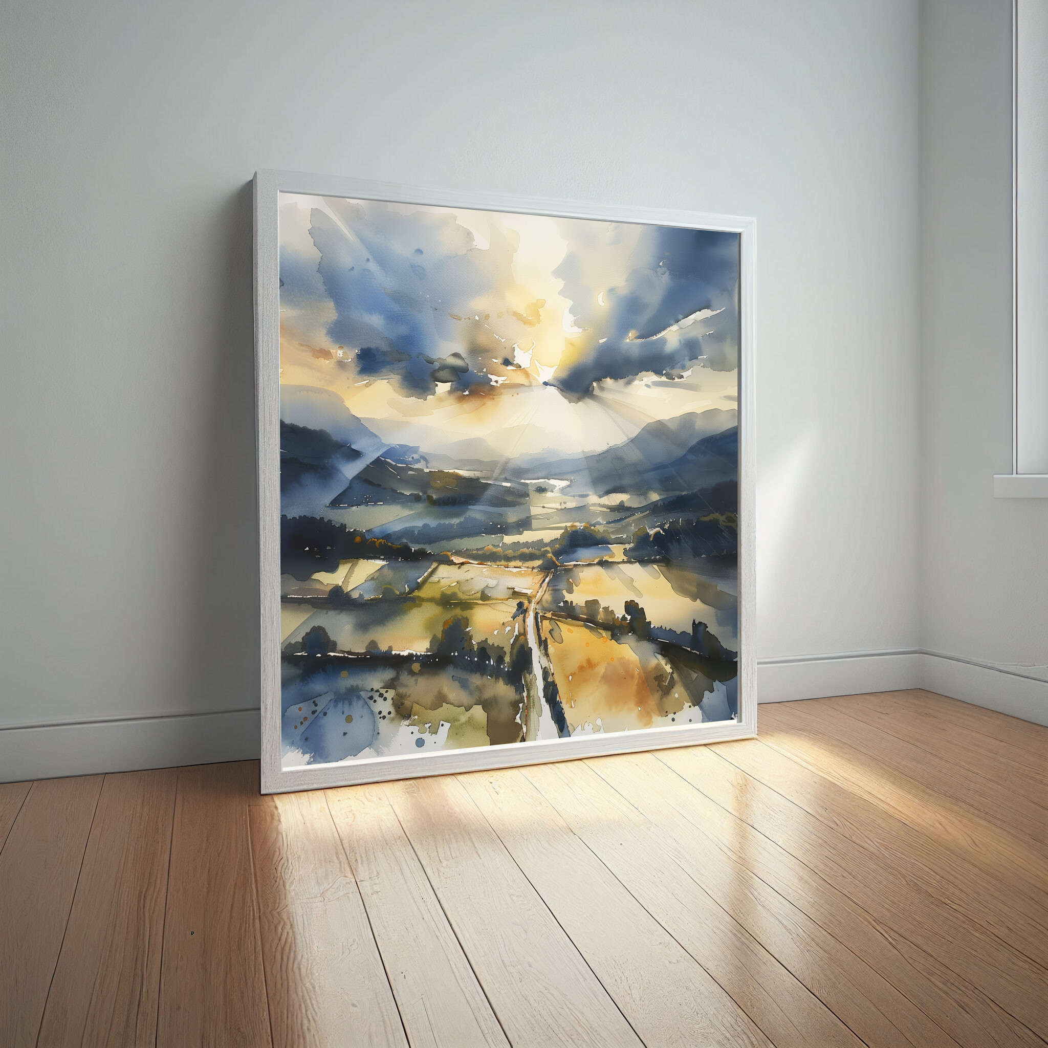 Southdowns Countryside Watercolor Landscape Blue Tones Living Room Wall Art | Serene Home Decor -