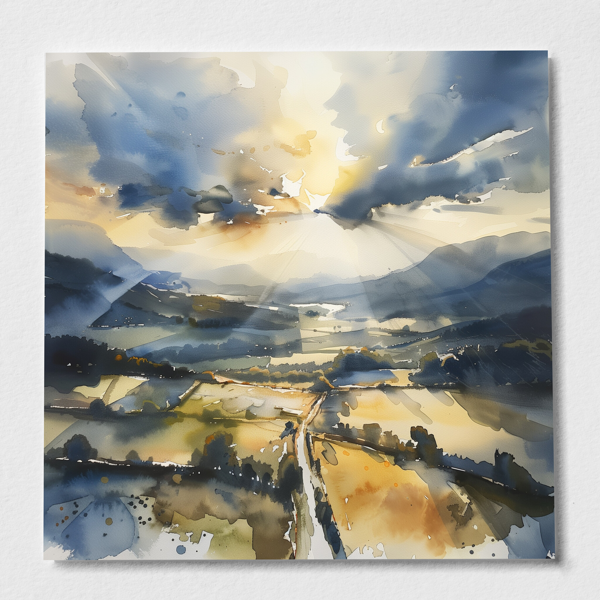 Southdowns Countryside Watercolor Landscape Blue Tones Living Room Wall Art | Serene Home Decor - P