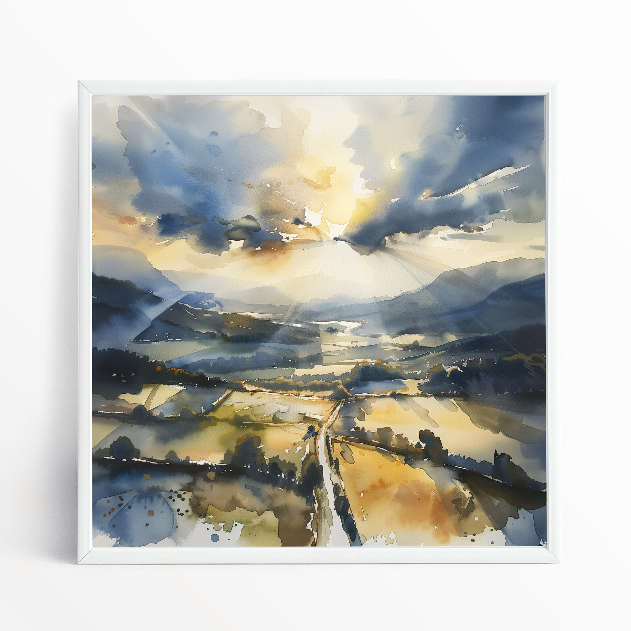 Southdowns Countryside Watercolor Landscape Blue Tones Living Room Wall Art | Serene Home Decor - WFP