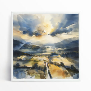 Southdowns Countryside Watercolor Landscape Blue Tones Living Room Wall Art | Serene Home Decor