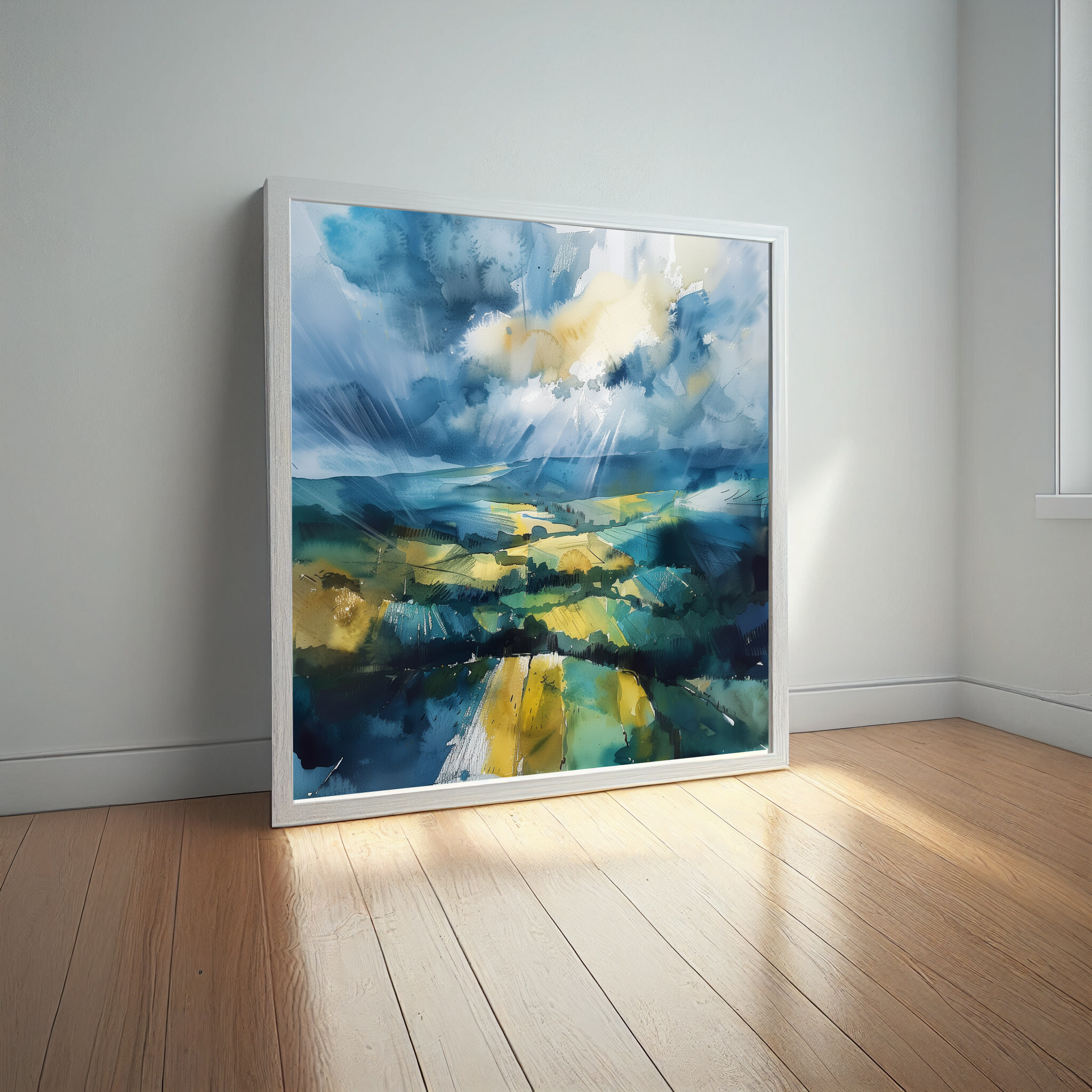 Southdowns Watercolor Landscape in Blue Tones | Modern Art for Living Room, Home Decor Canvas -