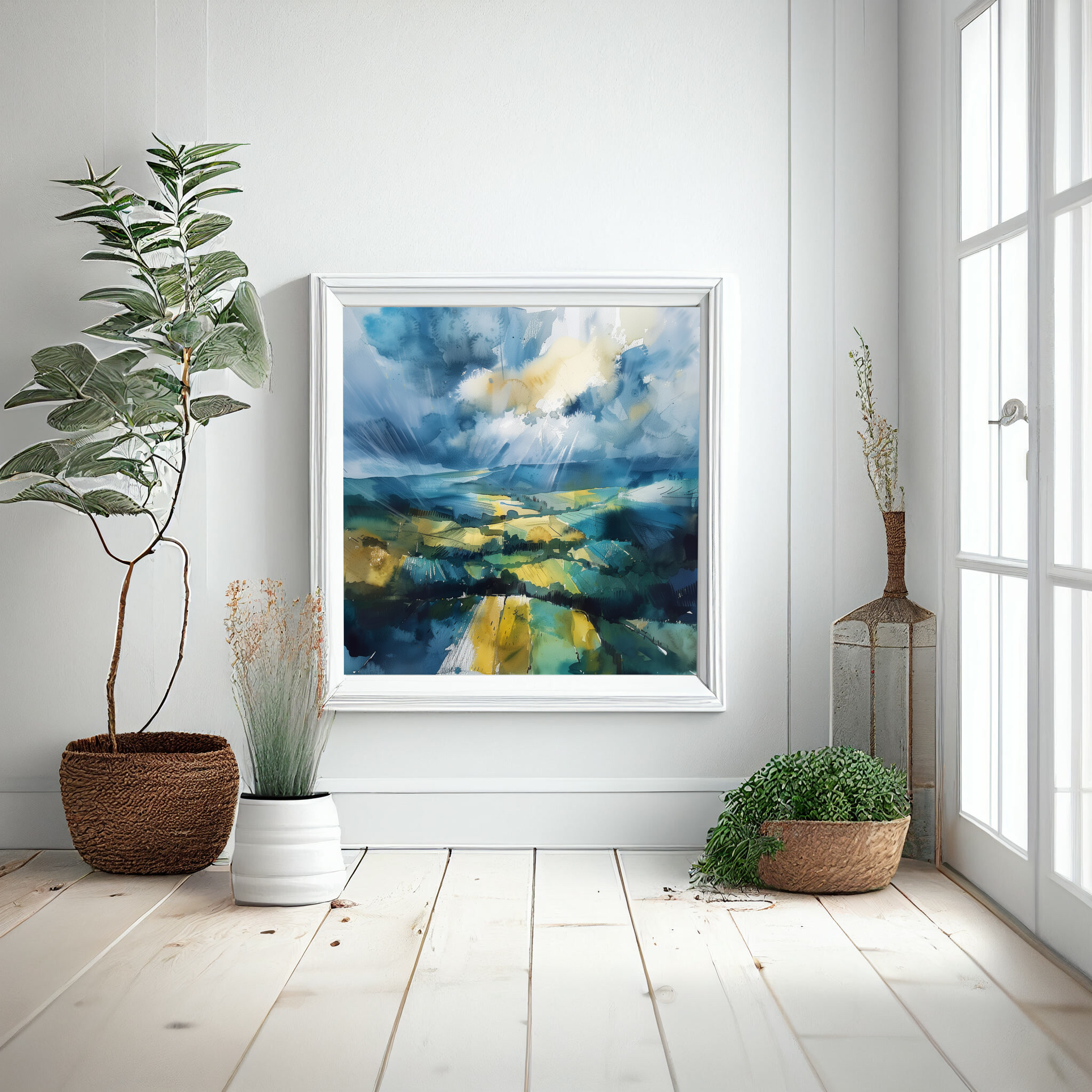 Southdowns Watercolor Landscape in Blue Tones | Modern Art for Living Room, Home Decor Canvas -