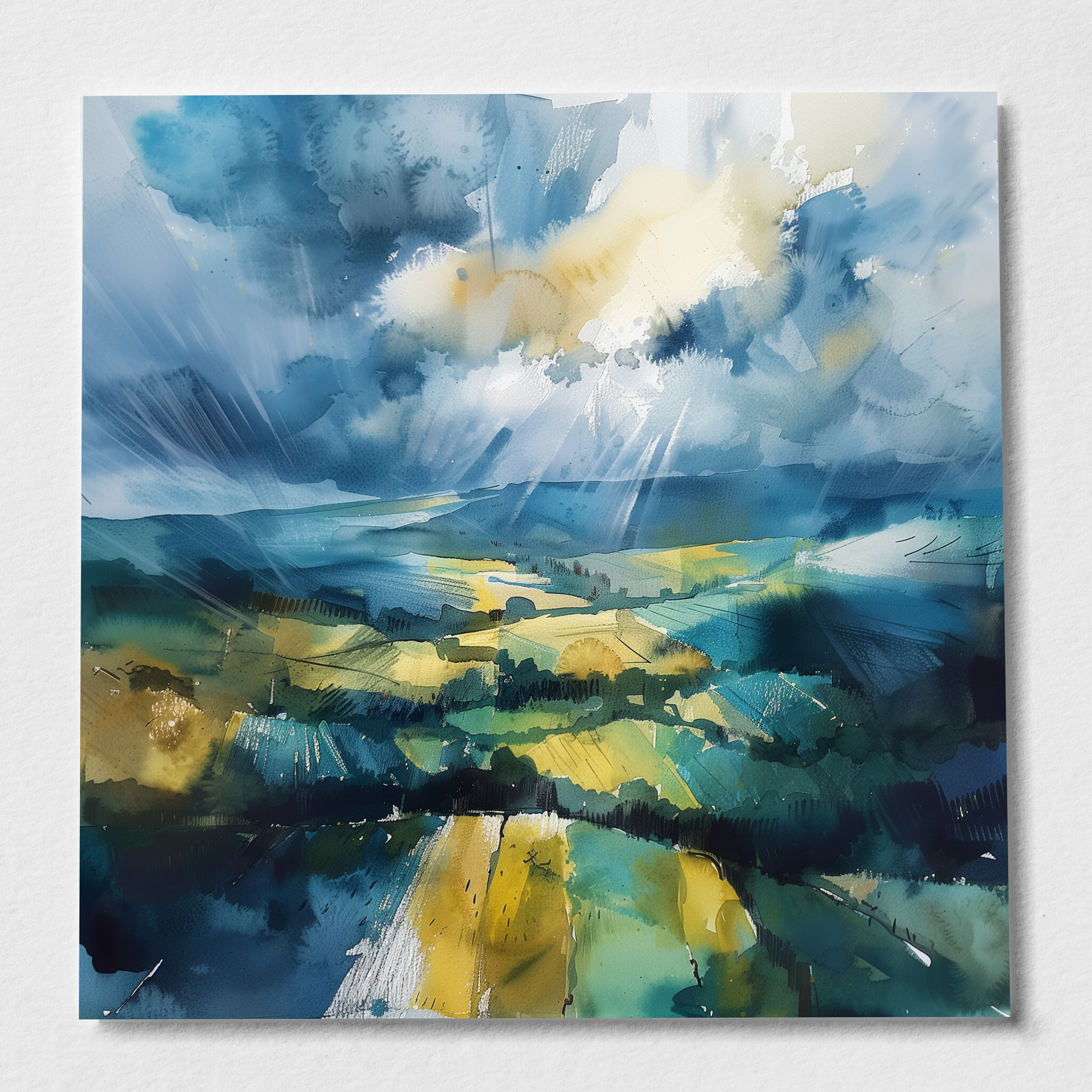 Southdowns Watercolor Landscape in Blue Tones | Modern Art for Living Room, Home Decor Canvas - P