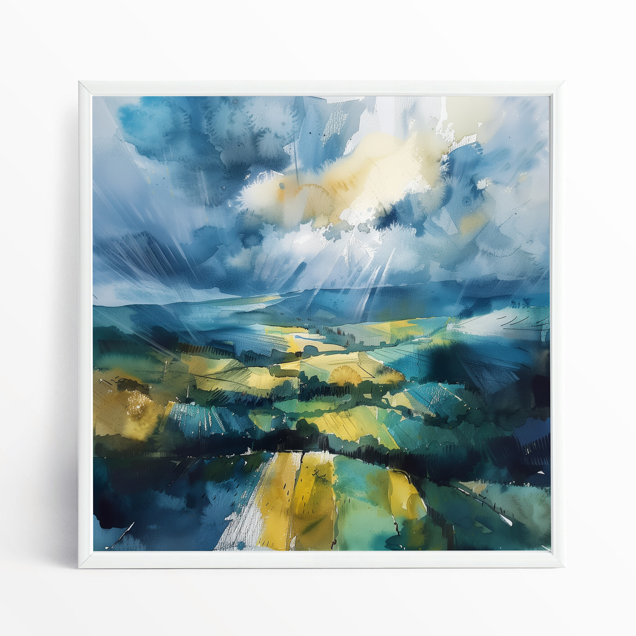Southdowns Watercolor Landscape in Blue Tones | Modern Art for Living Room, Home Decor Canvas - WFP