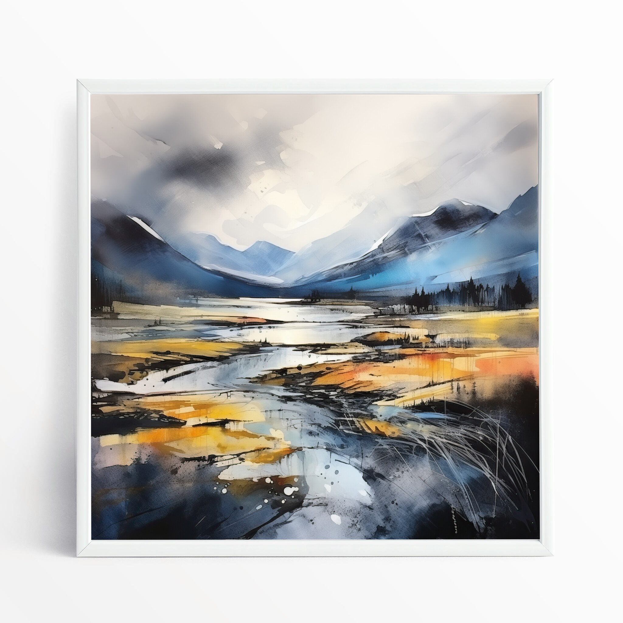 Peak District Abstract Blue Landscape Living Room Wall Art | Modern Home Decor - WFP