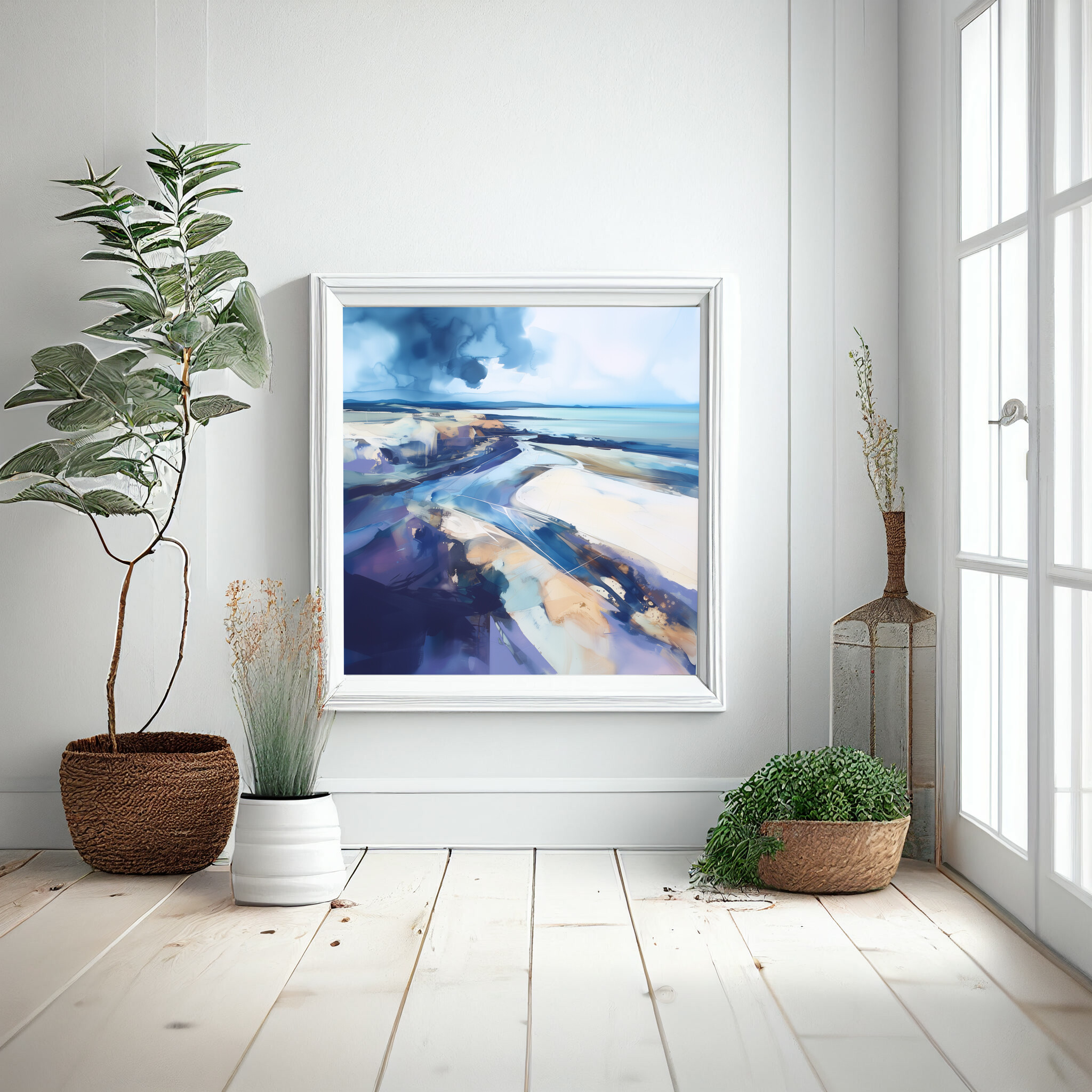Cornwall Beach Abstract Blue Living Room Wall Art | Coastal Canvas Print -