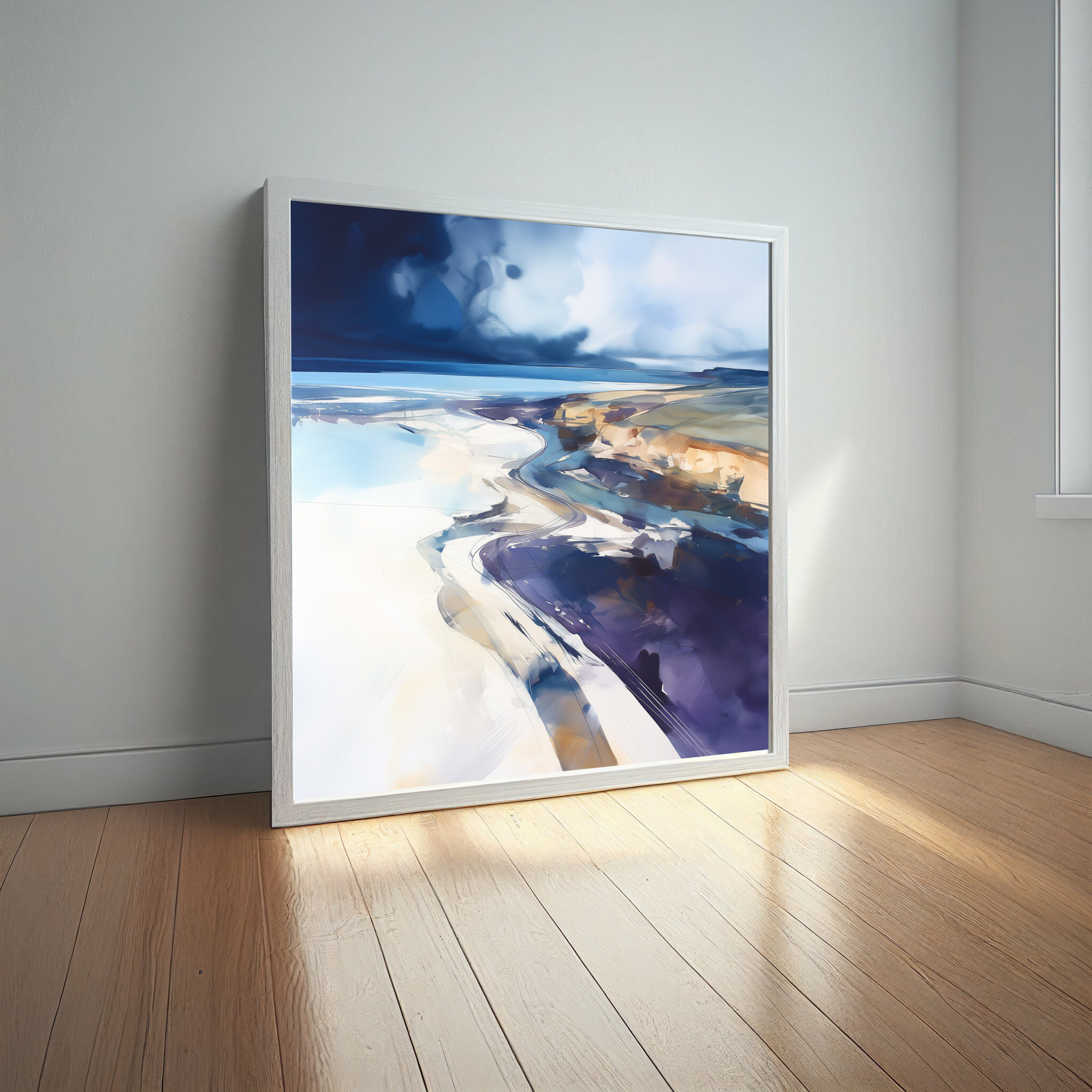Cornwall Beach Abstract Blue Living Room Wall Art | Modern Coastal Decor -