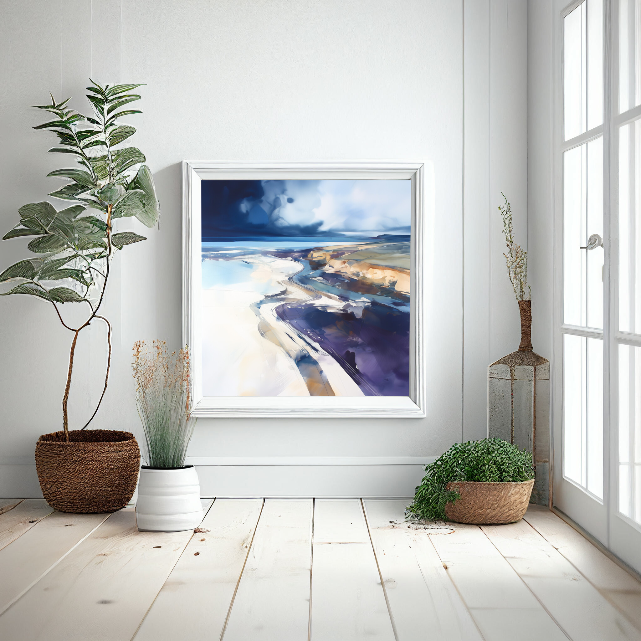 Cornwall Beach Abstract Blue Living Room Wall Art | Modern Coastal Decor -