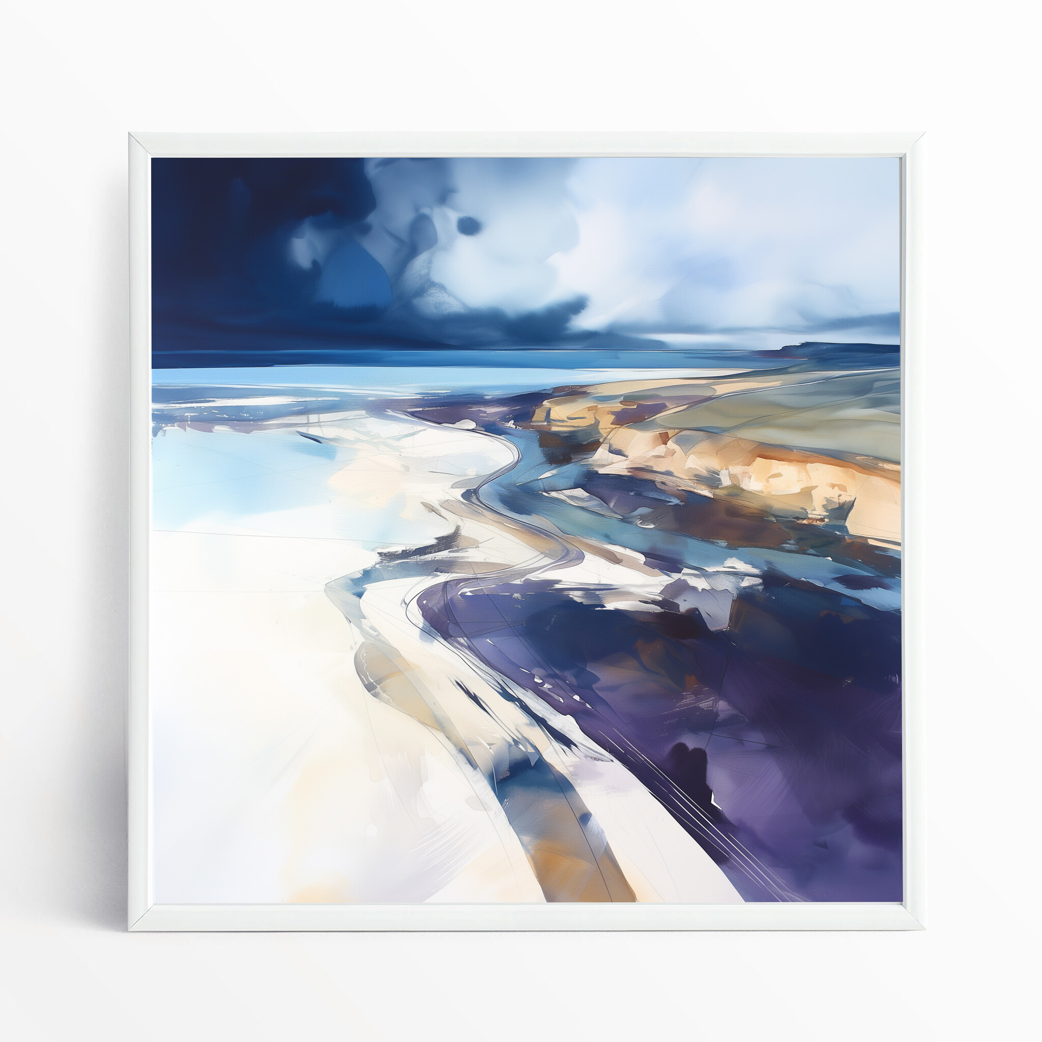 Cornwall Beach Abstract Blue Living Room Wall Art | Modern Coastal Decor - WFP