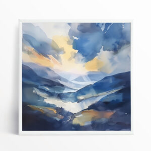 Lake District Watercolour Blue Art for Living Room | Impressionist Landscape Home Decor