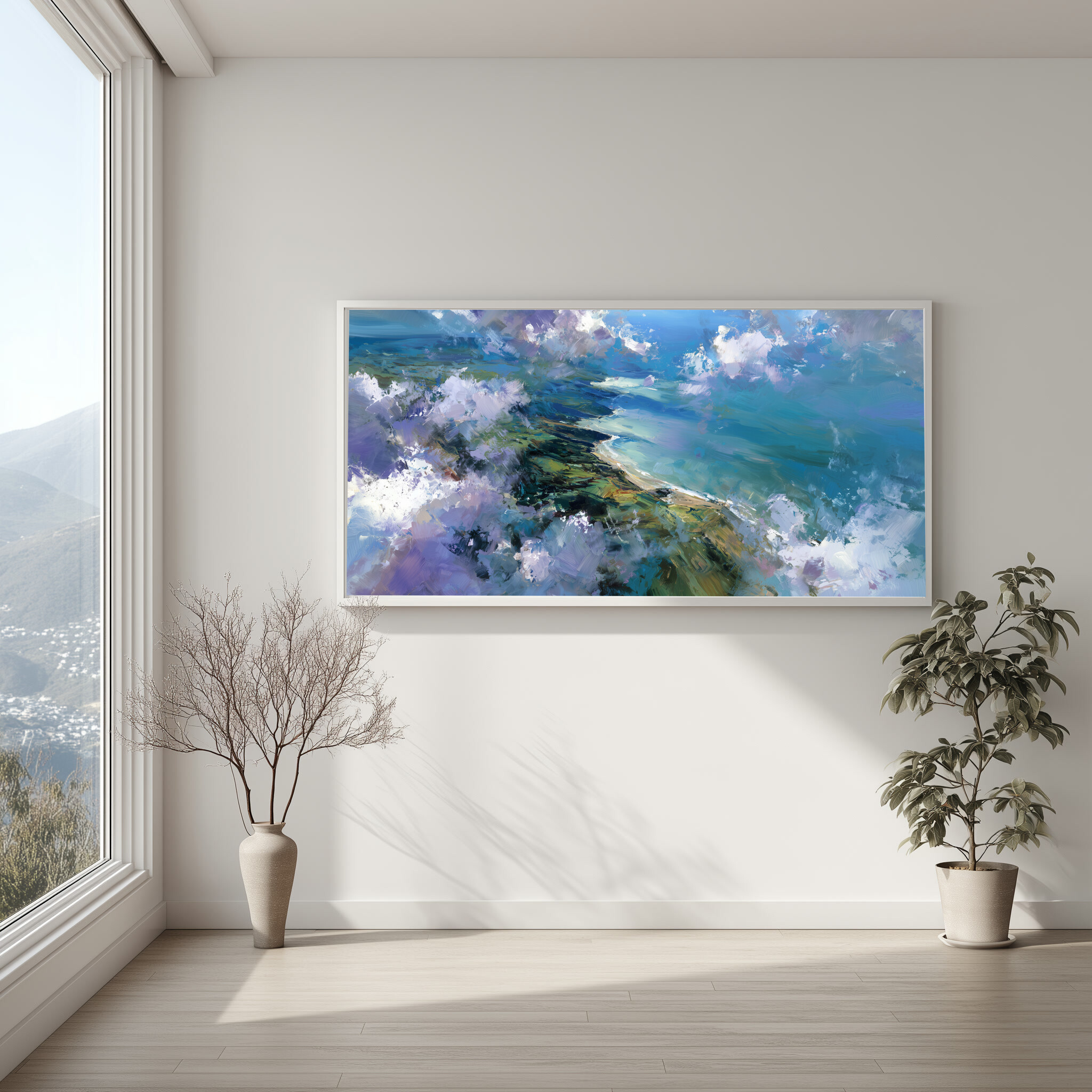 Cornwall Coast Abstract Blue Landscape Living Room Wall Art | Modern Ocean Home Decor -