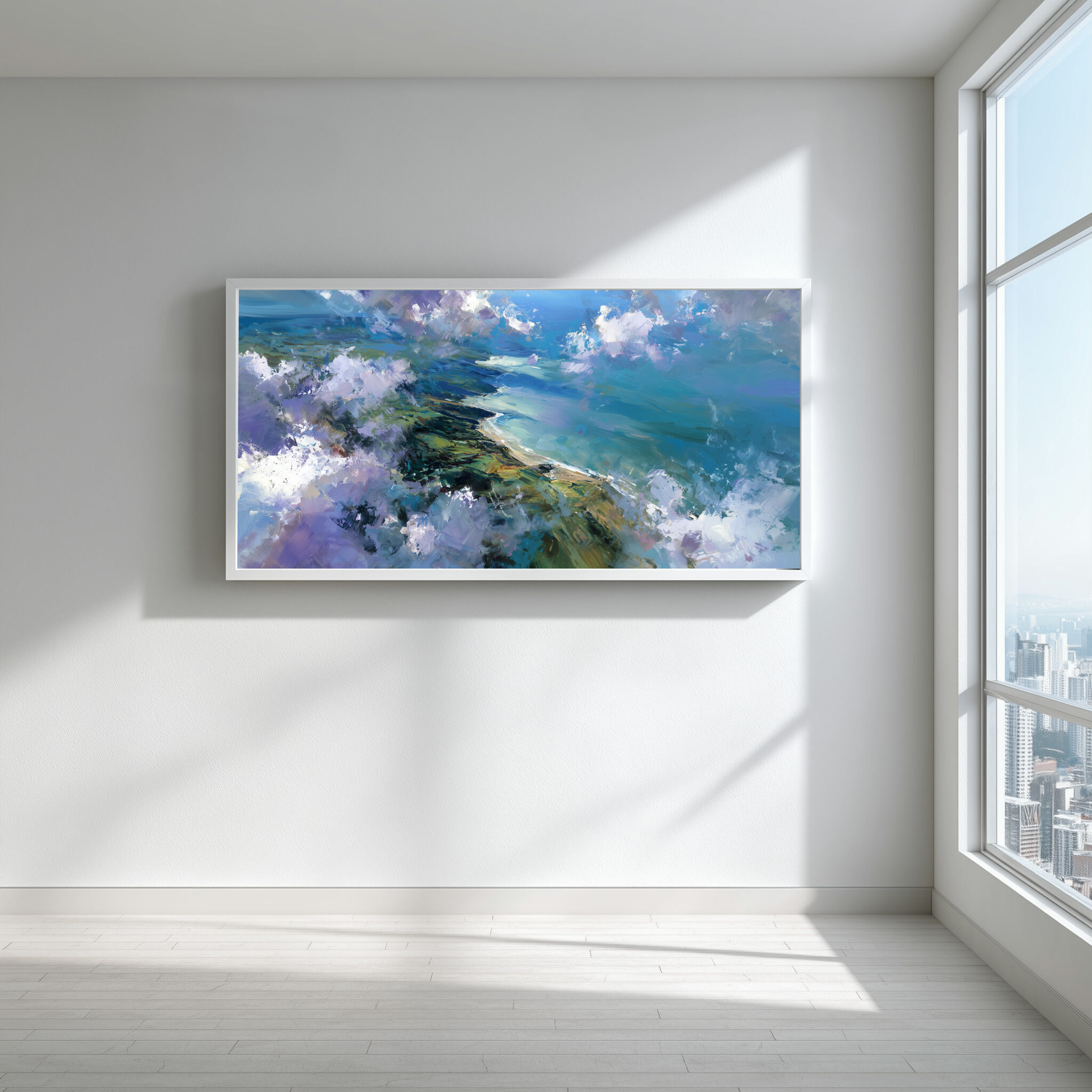 Cornwall Coast Abstract Blue Landscape Living Room Wall Art | Modern Ocean Home Decor -