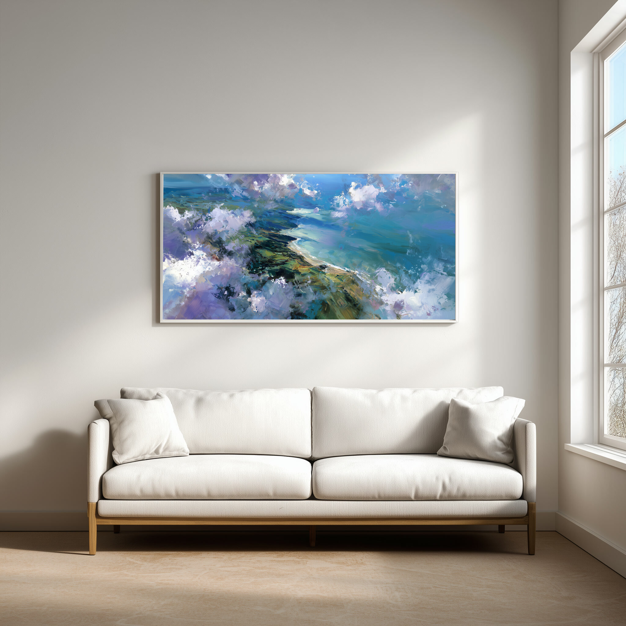 Cornwall Coast Abstract Blue Landscape Living Room Wall Art | Modern Ocean Home Decor -