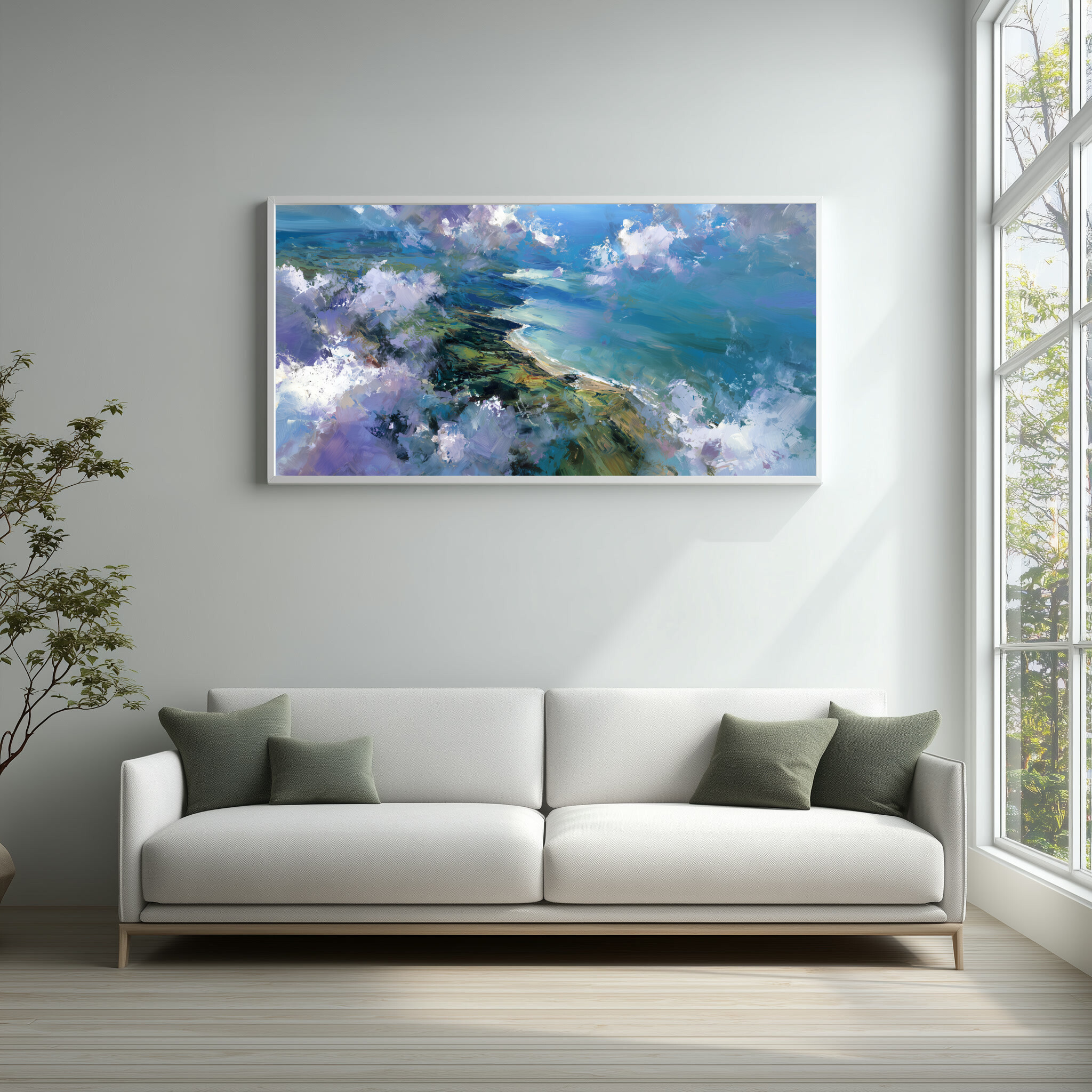 Cornwall Coast Abstract Blue Landscape Living Room Wall Art | Modern Ocean Home Decor - WFP