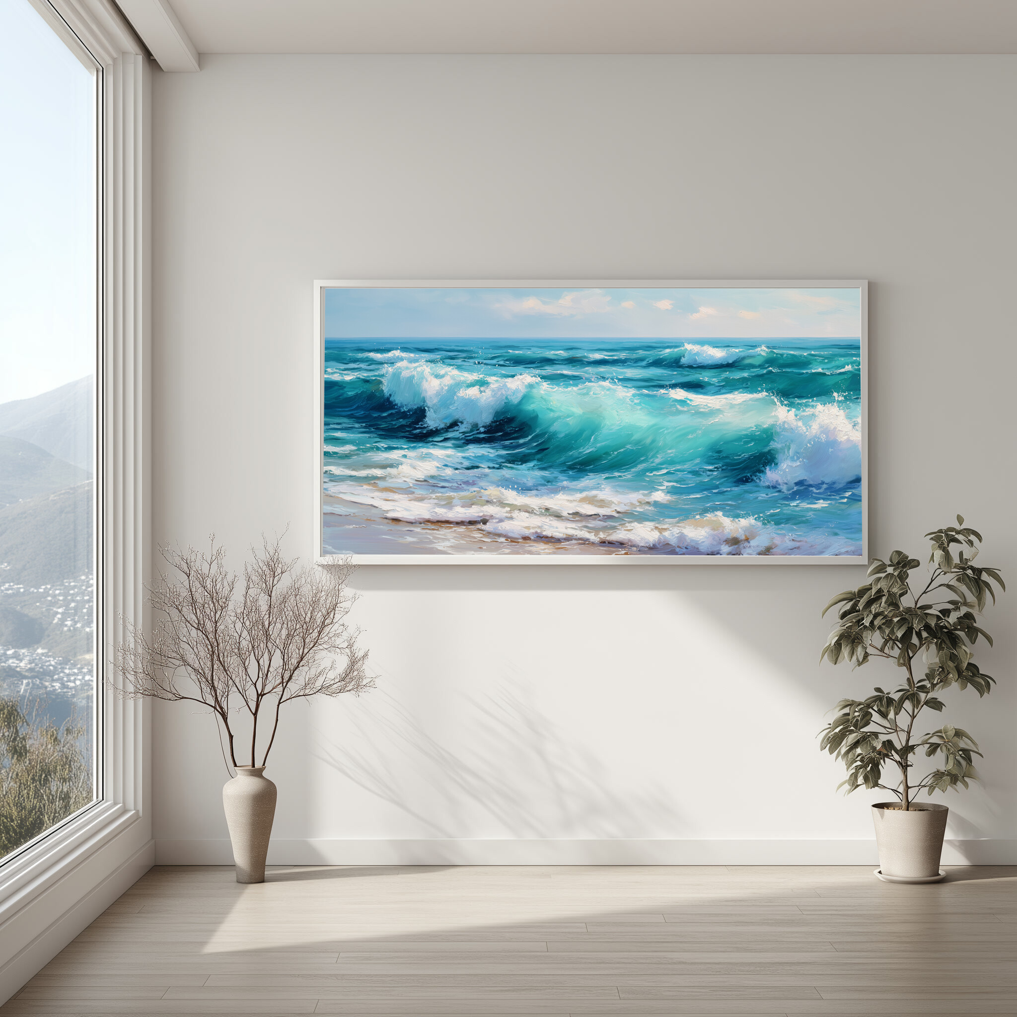 Cornwall Breaking Waves Impressionist Blue Art | Coastal Living Room Wall Art -