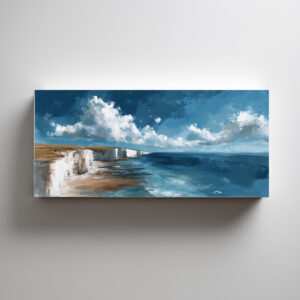 Birling Gap Cliffs Impressionist Blue Living Room Wall Art | Coastal Canvas Print - C