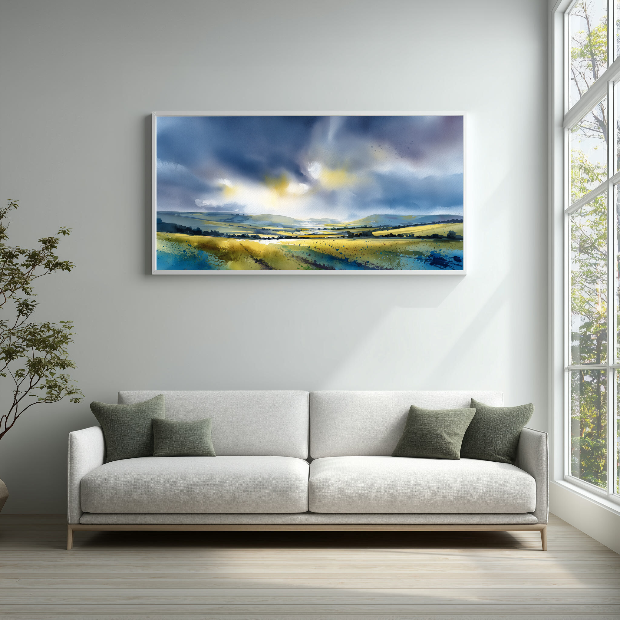 Firle Southdowns Impressionist Blue Green Living Room Wall Art | Abstract Landscape Home Decor - WFP